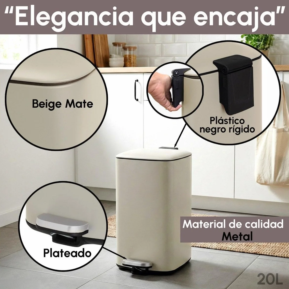 Cubo de Basura Metálico 20L Beige Mate Antihuellas 37x27x45 cm con Pedal y Cierre Suave