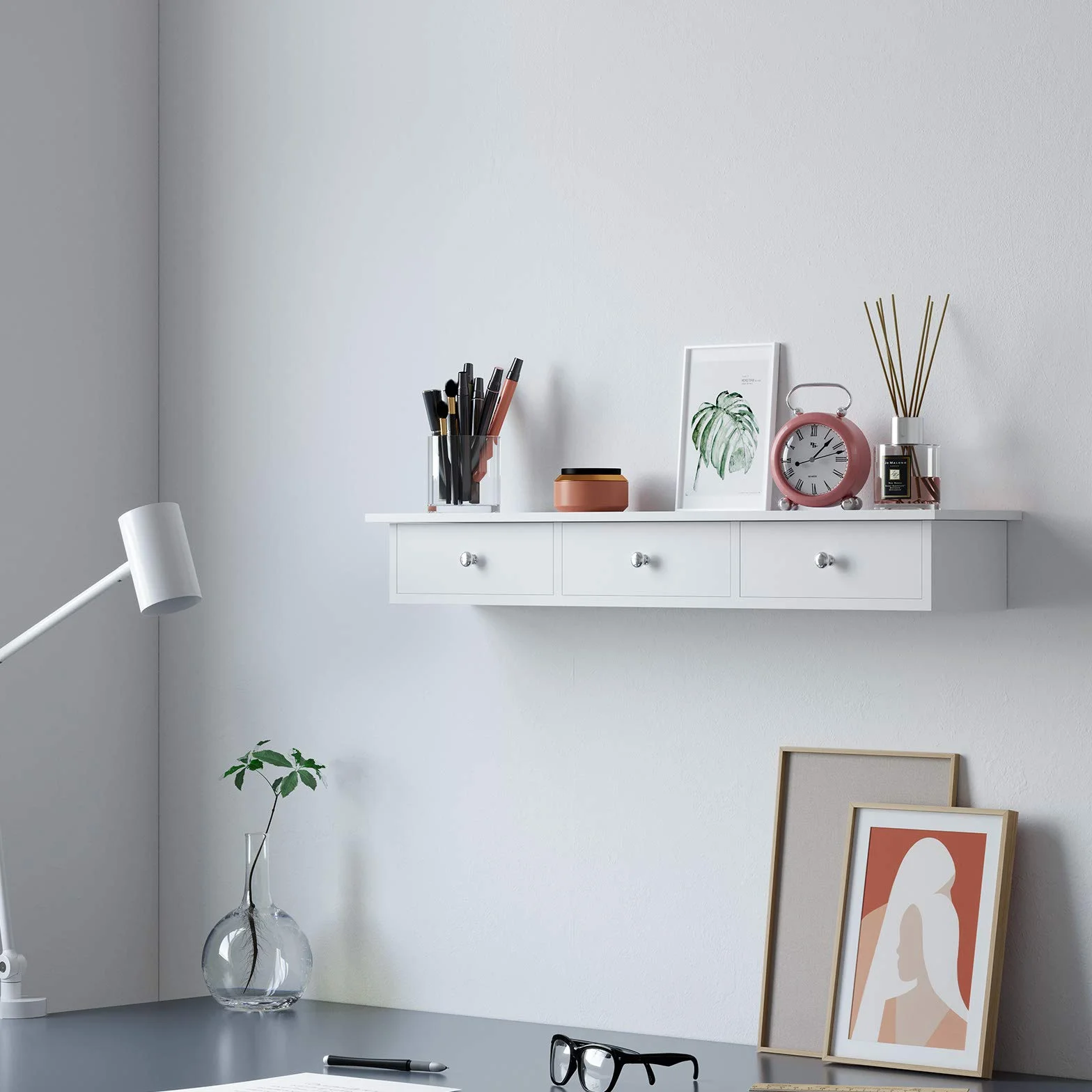 SONGMICS Estante de Pared Flotante con 3 Cajones, 15 kg, 15 x 80 x 10 cm, Blanco LWS085W01