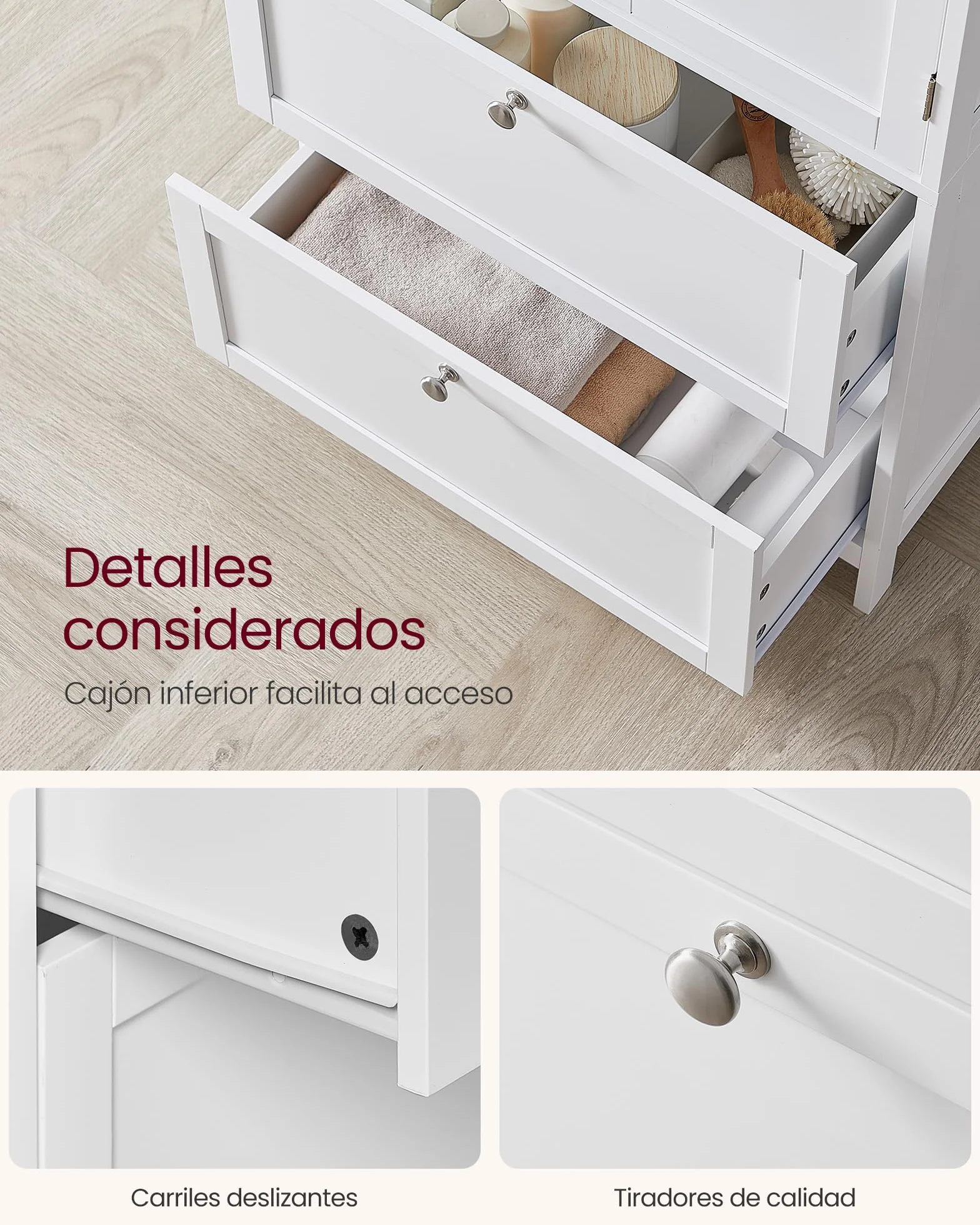 VASAGLE Mueble de Baño Armario de Cocina y Almacenaje con 2 Cajones y 2 Puertas, Estante Ajustable 30x60x110 cm Blanco