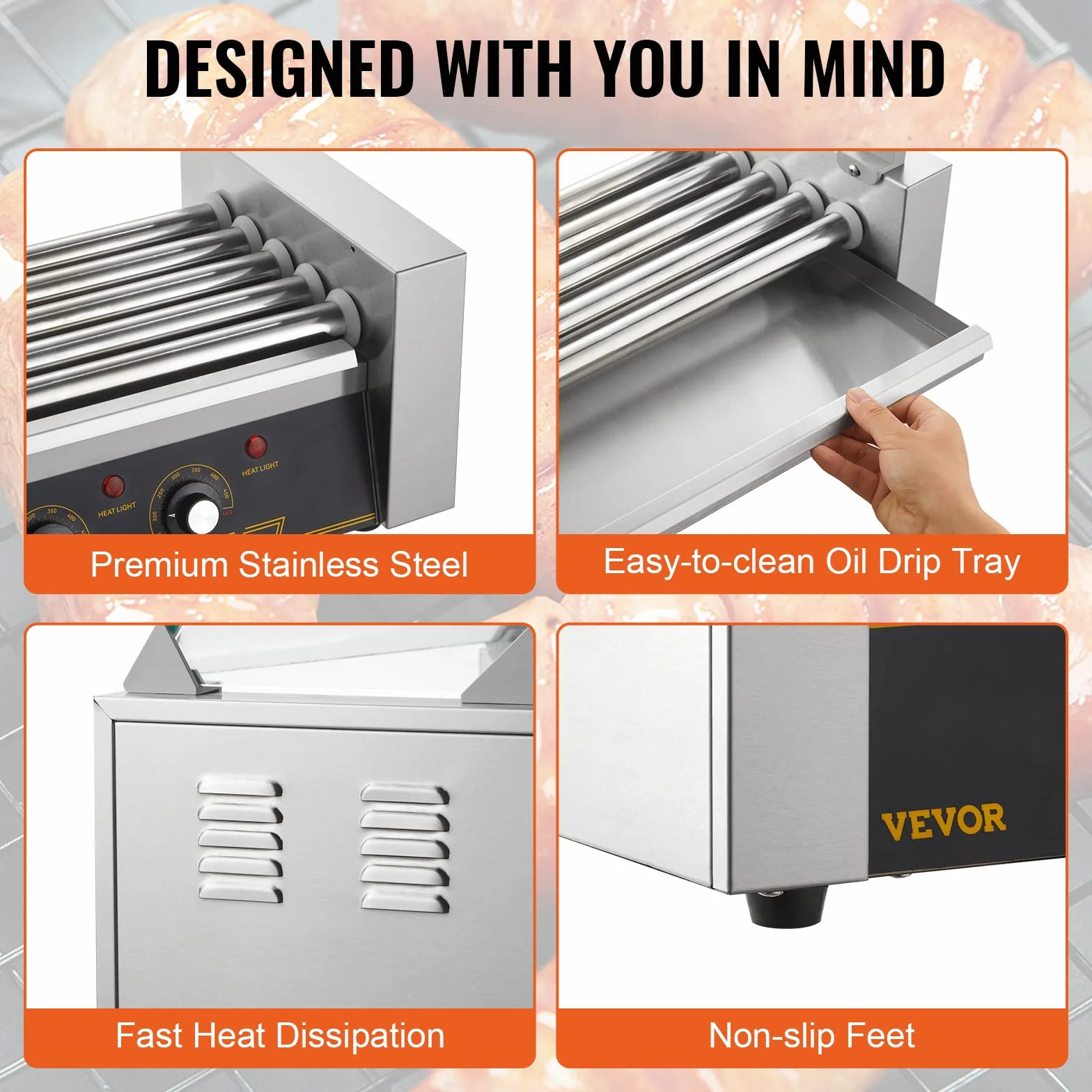VEVOR Máquina de Rodillos para Perros Calientes de 56 x 25 x 41 cm con una Parrilla de Acero Inoxidable de Calidad Comercial, 50 °C-250 °C, 1000 W ±15%, para Puestos de Comida, Fiestas y Barbacoas