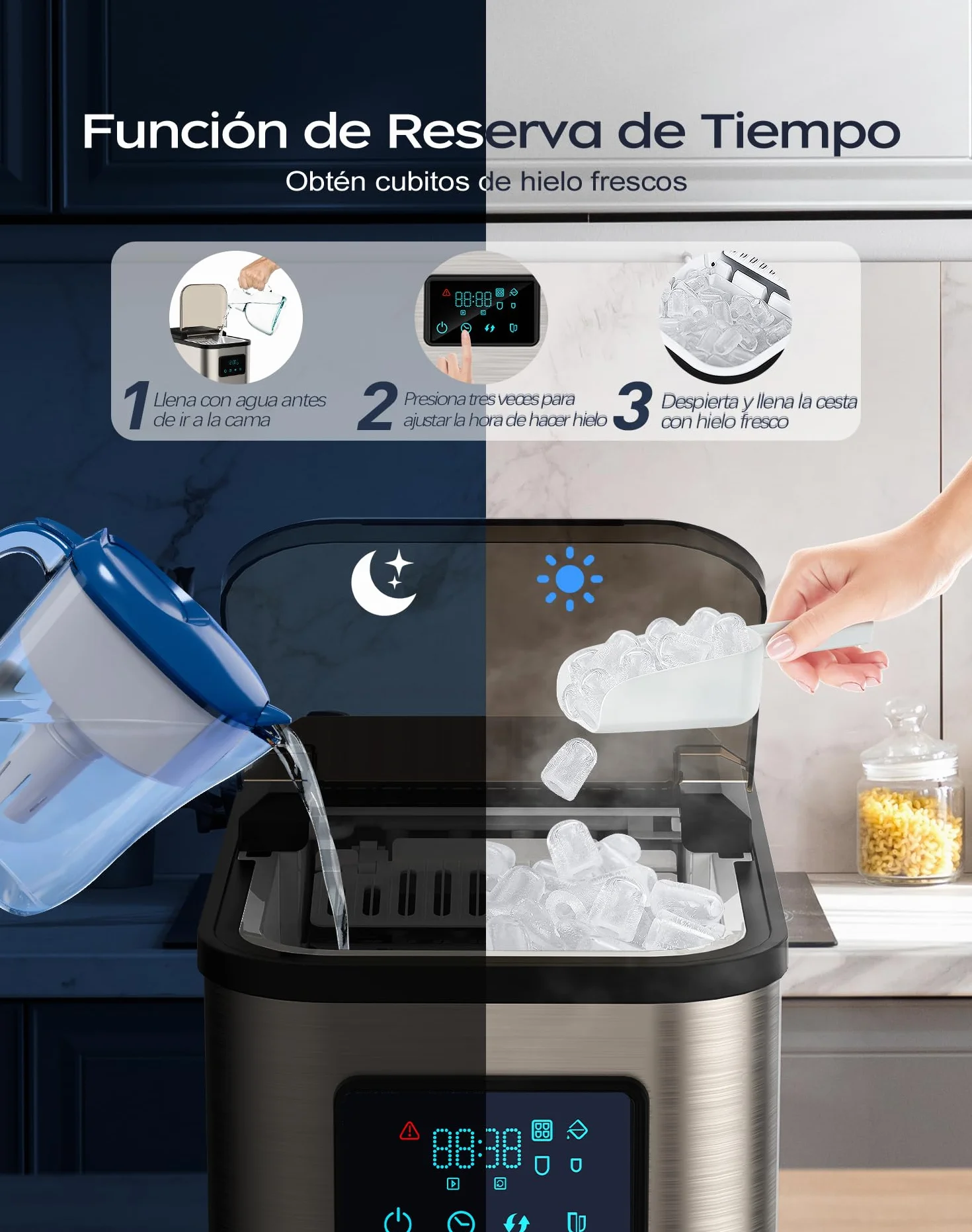 Máquina de Cubitos de Hielo de Acero Inoxidable con Pantalla LED, 2 Litros, 2 Tamaños