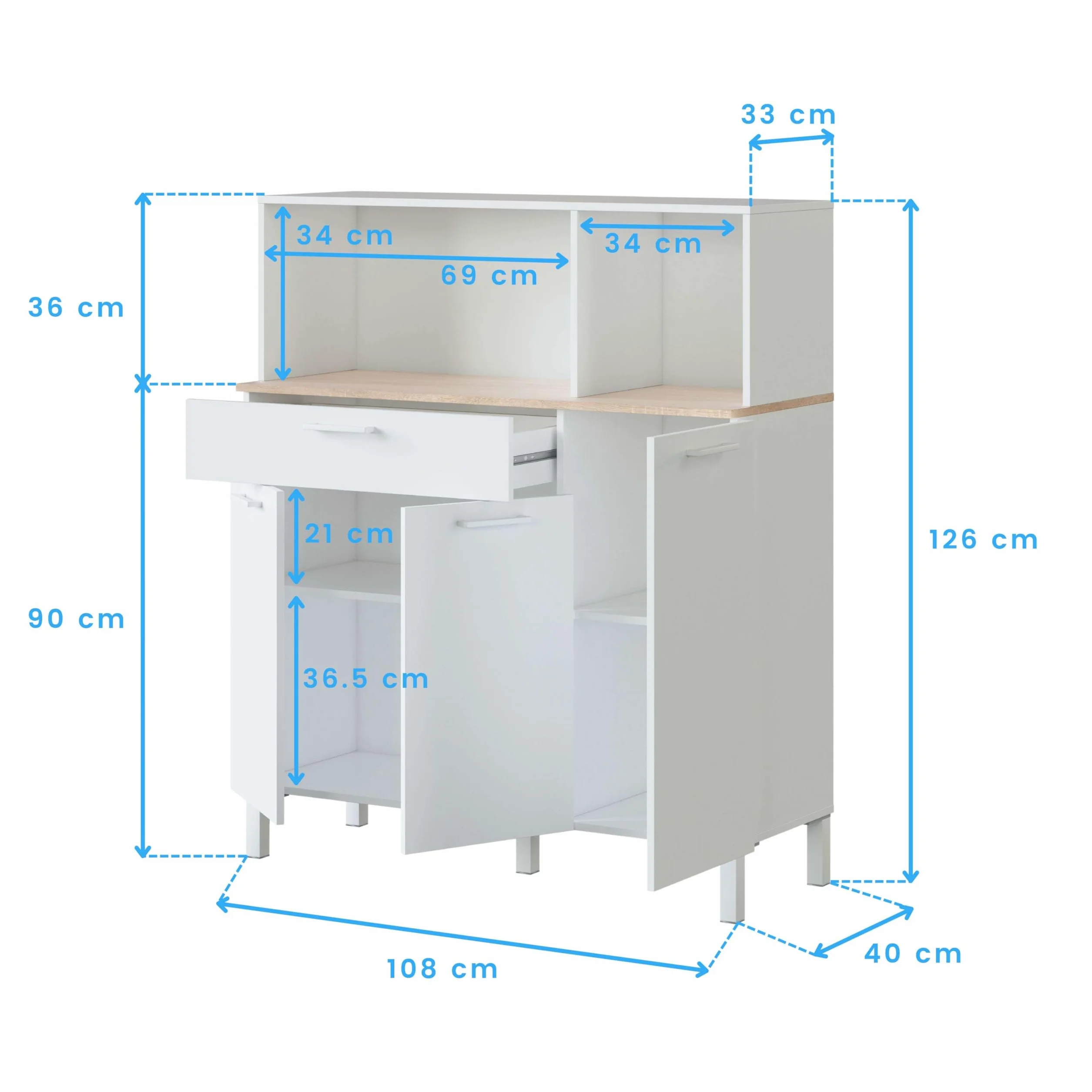 Miroytengo Mueble Auxiliar Aparador de Cocina Yuka Estilo Nórdico Color Blanco Artik y Roble Canadian 108x126x40 cm