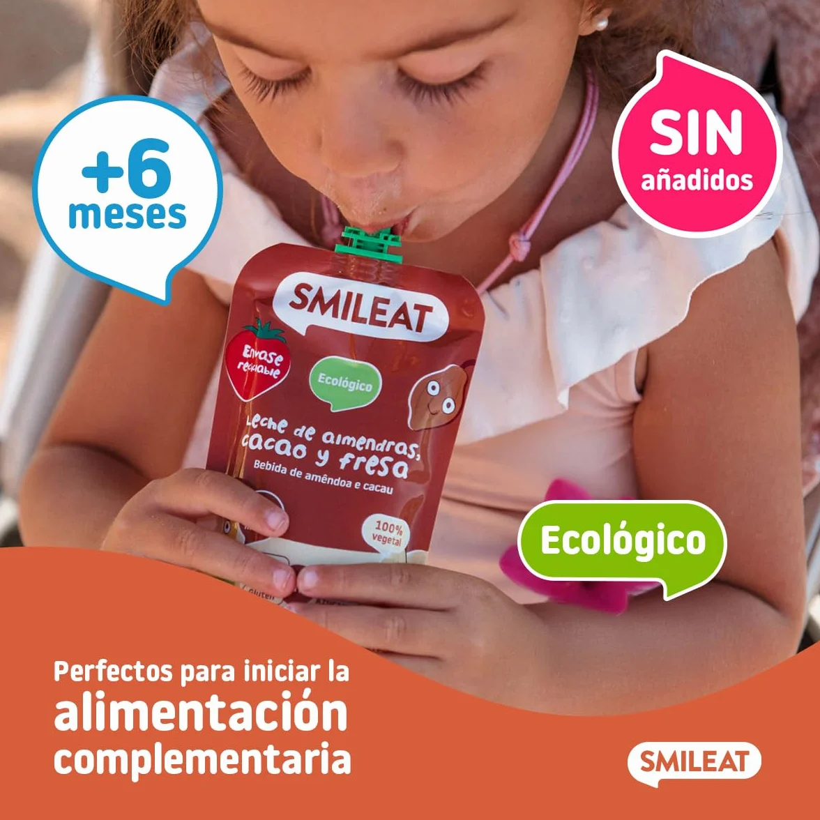 Smileat Pouch de Frutas Ecológicas Sin Sal ni Azúcar Añadido Sin Gluten Snack Práctico para Peques Sabor a Leche de Almendras Cacao y Fresa
