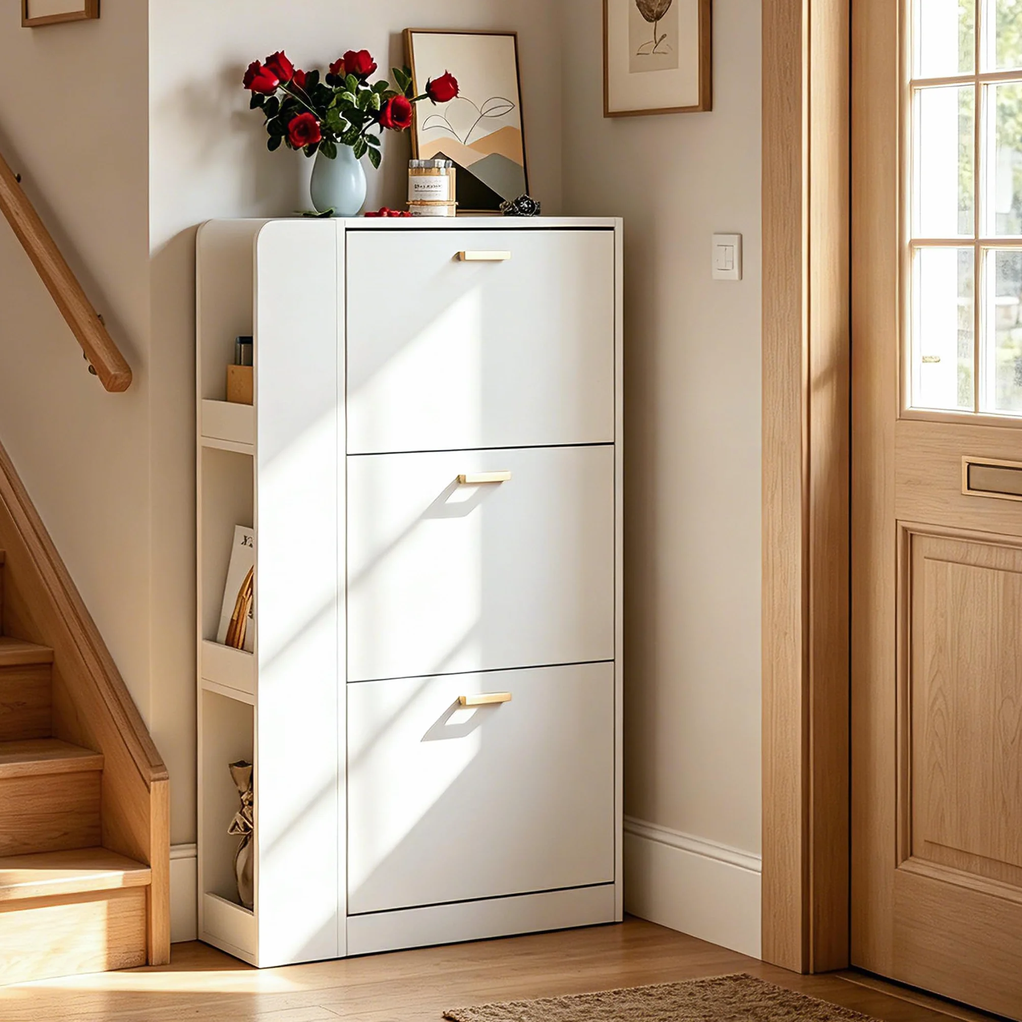 Mueble Zapatero 3 Puertas Zapatero Estrecho con 3 Compartimentos para 18-24 Pares de Zapatos, Armarios Zapatos para Sala de Estar, Pasillo de Entrada, 73,5x24x118cm Blanco
