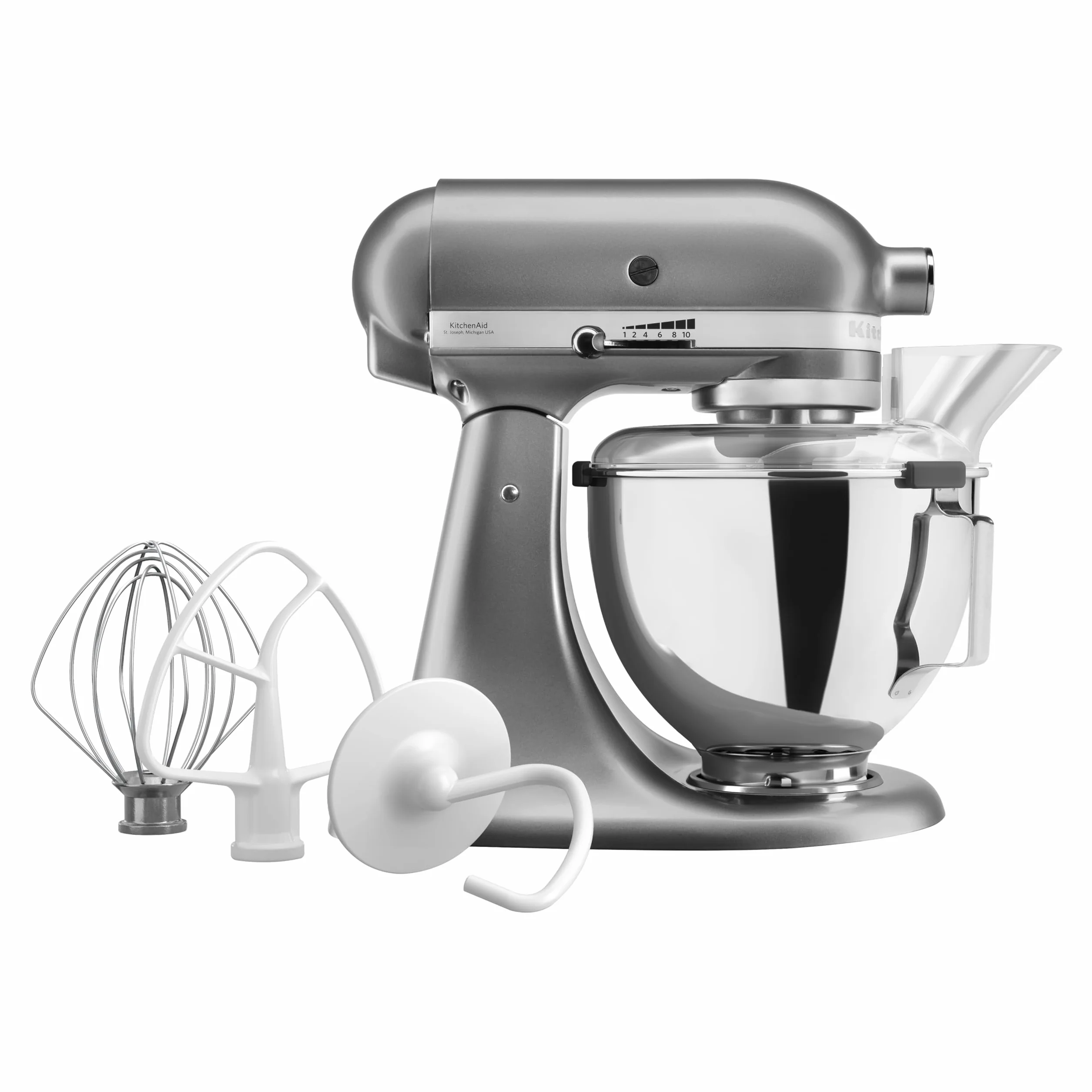 KitchenAid Classic Batidora Amasadora 4.3L, 10 Velocidades con Arranque Suave, Pala, Gancho y Varilla, Acción Planetaria, 59 Puntos de Contacto, Contour Silver