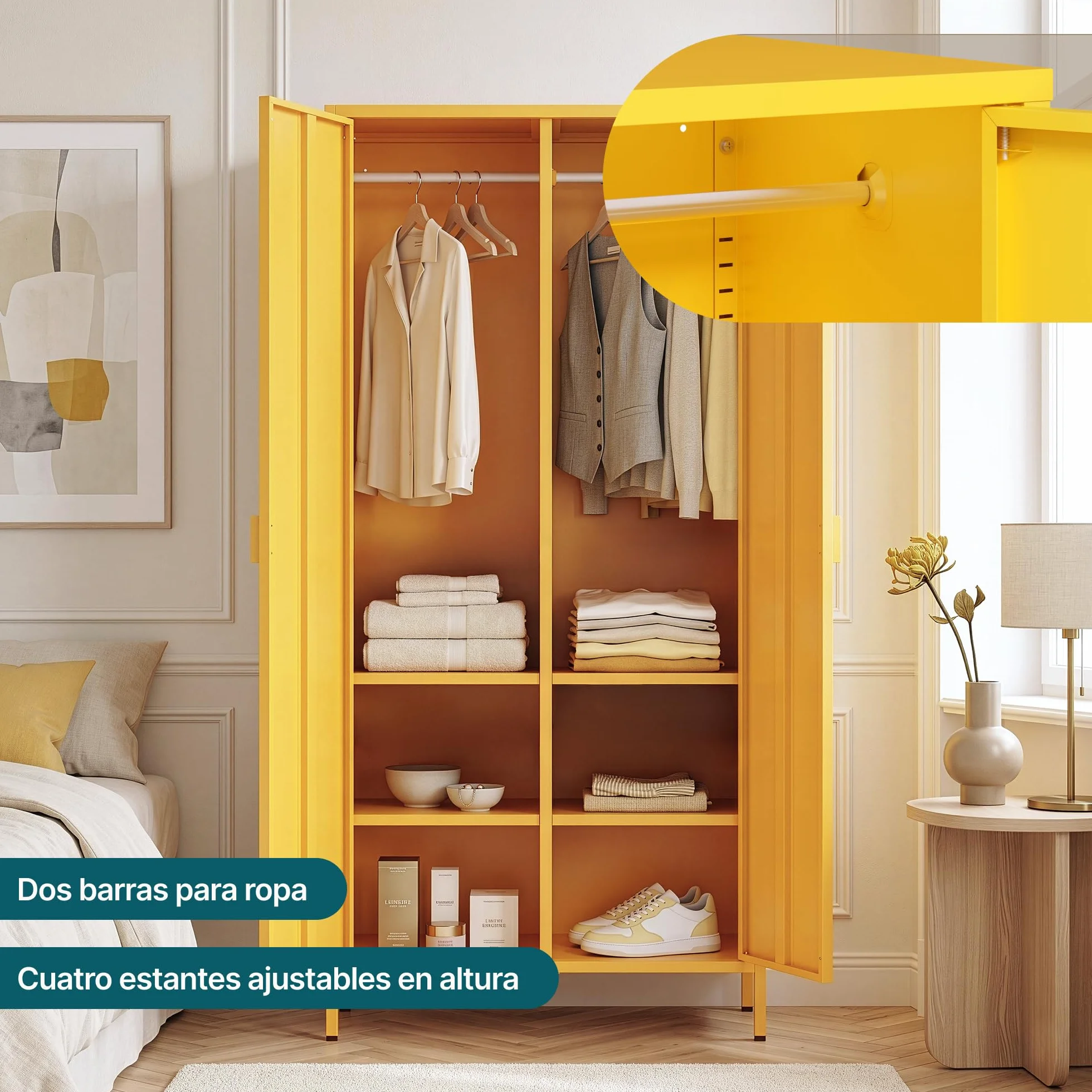 [en.casa] Armario Dormitorio Esteli con 2 Puertas 2 Percheros 4 Estantes Regulables Armario Ropero Clóset para Dormitorio Vestidor Acero 170 x 80 x 45 cm - Amarillo
