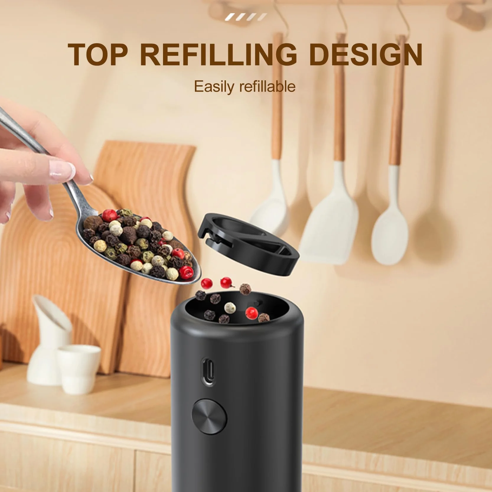 Molinillos de Sal y Pimienta Eléctricos, 110 Ml de Gran Capacidad, 5 Niveles de Ajuste del Engranaje Externo con Cepillo y Ventana Visual
