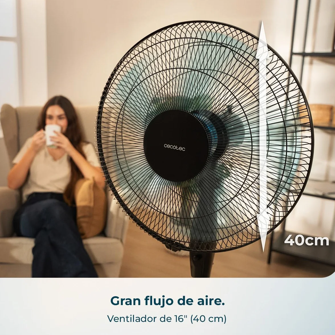 Cecotec Ventilador de Pie EnergySilence 515 WindLite Pro Black. 56W, Diámetro 16” (40cm), 3 Velocidades, Oscilación Automática, Altura Ajustable, 5 Aspas y Máxima Seguridad, Negro