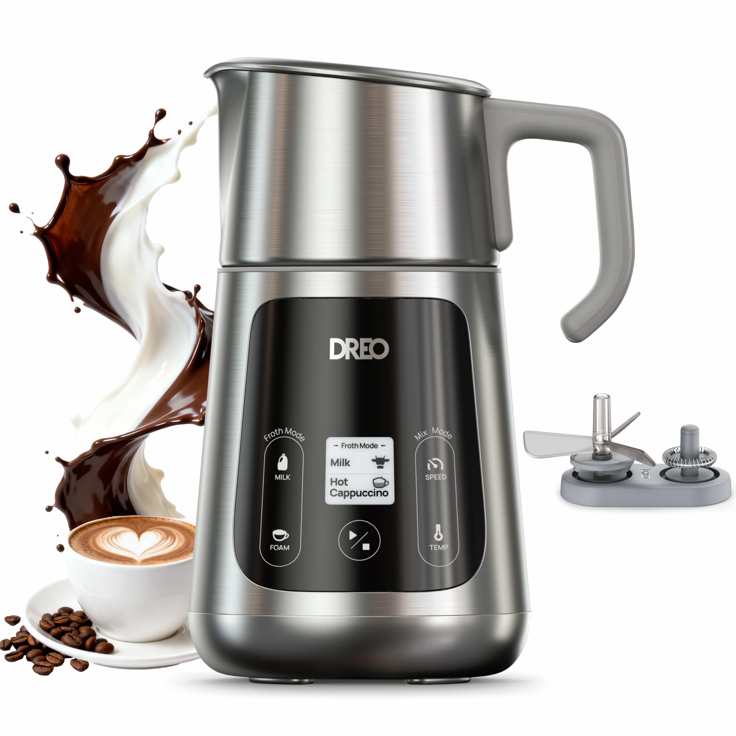 DREO Espumador de Leche Eléctrico 450ml [Actualizado], para Capuchino, Latte Macchiato, Frappé y Chocolate Caliente, Más de 30 Bebidas, Apto para Lavavajillas, Fácil de Limpiar, Pantalla LED