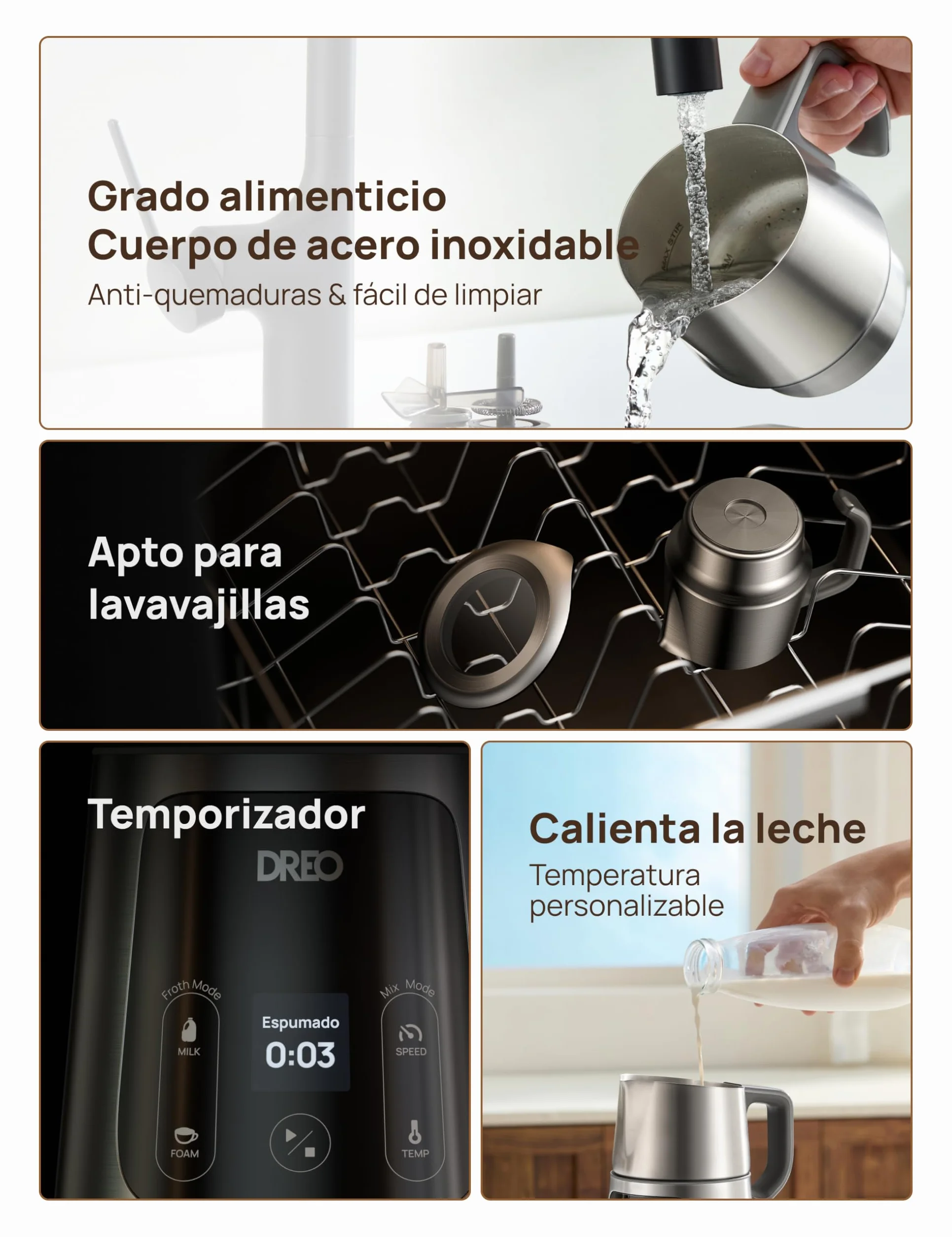DREO Espumador de Leche Eléctrico 450ml [Actualizado], para Capuchino, Latte Macchiato, Frappé y Chocolate Caliente, Más de 30 Bebidas, Apto para Lavavajillas, Fácil de Limpiar, Pantalla LED