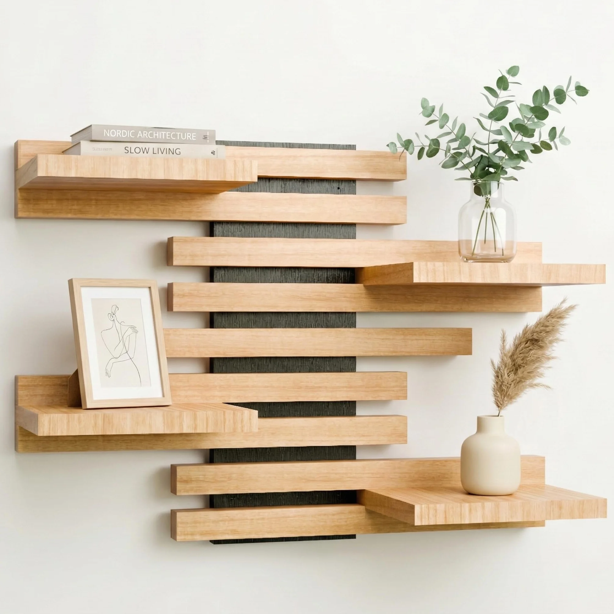 Estantería Flotante Pared Modular de Madera Maciza (Negro) | Estante colgante, repisas y baldas para recibidor, entrada, salón, baño o dormitorio. Mueble organizador de libros y plantas