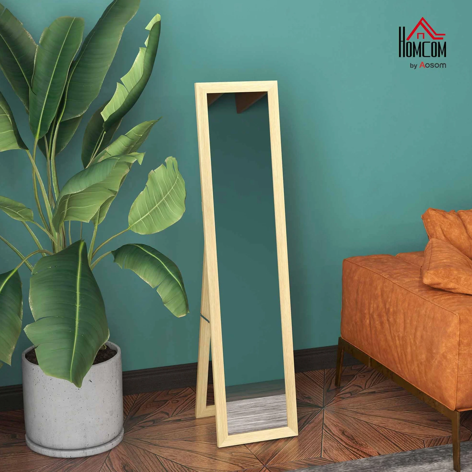 HOMCOM Espejo de Pie Cuerpo Entero 157x37 cm, Espejo de Cuerpo Entero con Soporte, 3 Formas de Uso, Independiente, Montaje Pared y Apoyado, para Salón, Entrada, Dormitorio, Roble