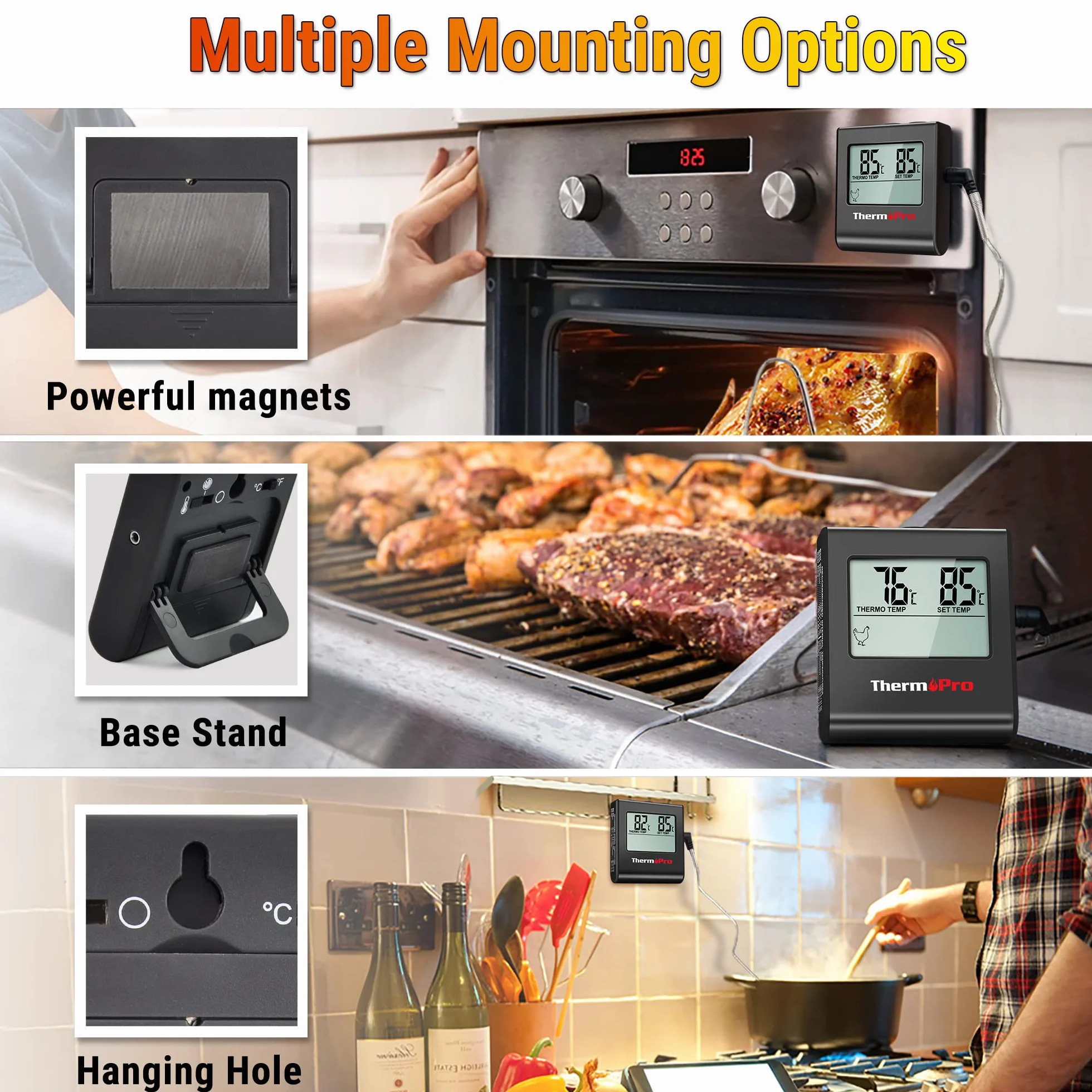 ThermoPro TP16B Termómetro digital de Cocina Carne Alimento para Barbacoa Horno Leche Parrilla con Temporizador y Alarma, la Sonda de Acero inoxidable, Negro