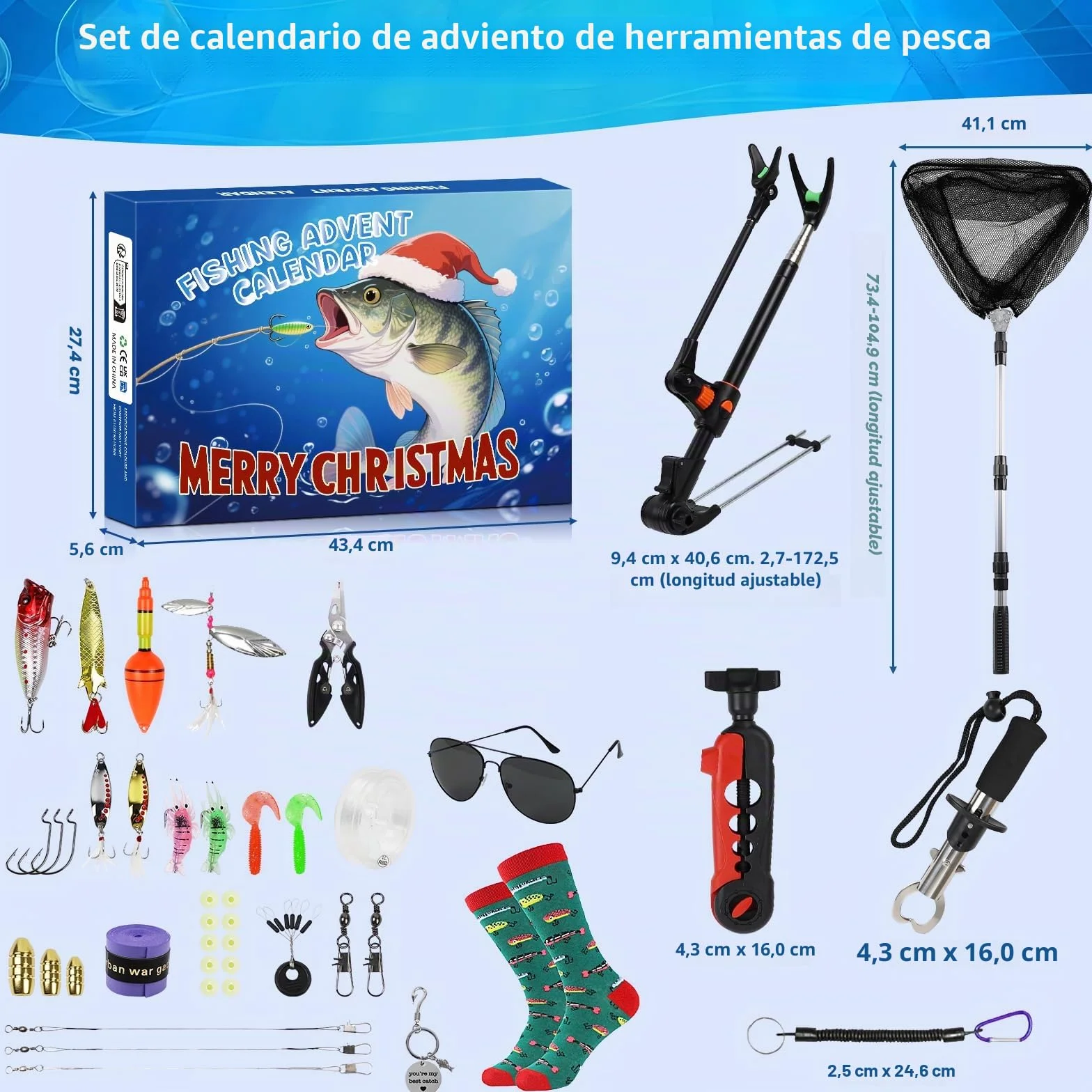 Calendario de Adviento de Pesca 2025 con Soporte para Caña, Agarradero y Pinza