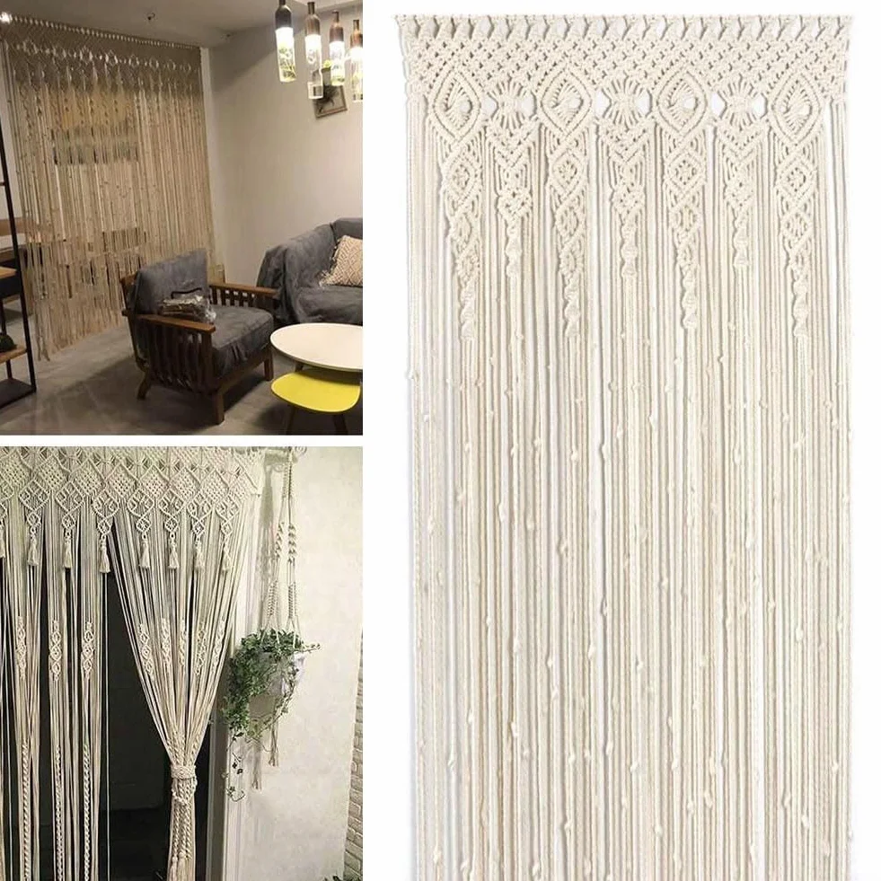 Cortina de macramé de algodón 90x200 cm beige para puerta y ventana