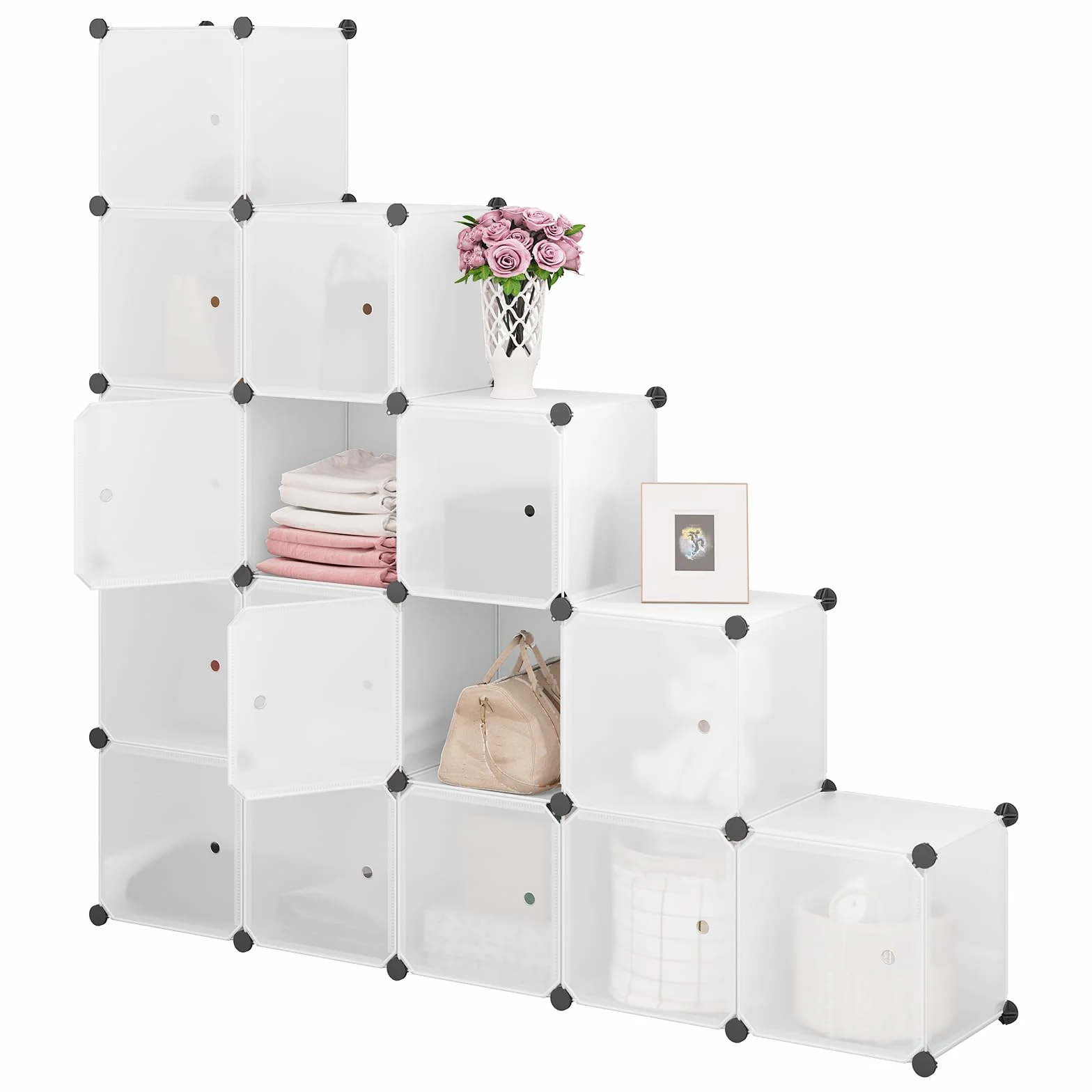 WOLTU Armario Modular de 15 Cubos con Puertas Imán, Estantería Almacenaje Cubos Plástico, Blanco