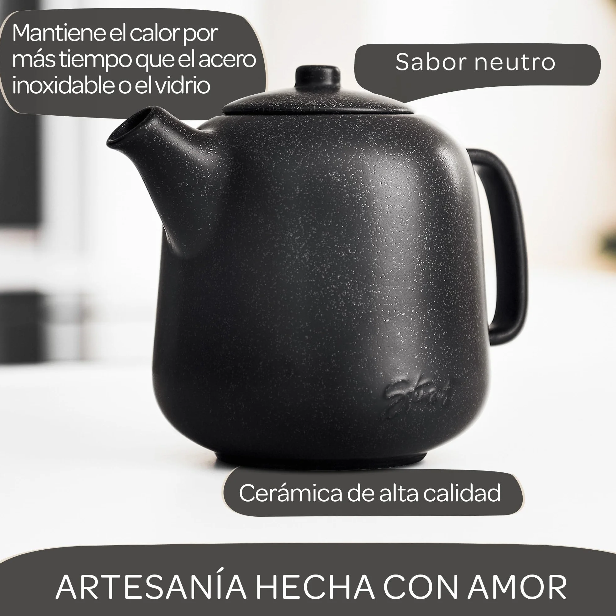 STEINZEIT Tetera de cerámica negra 1,3 L con colador de acero inoxidable 304