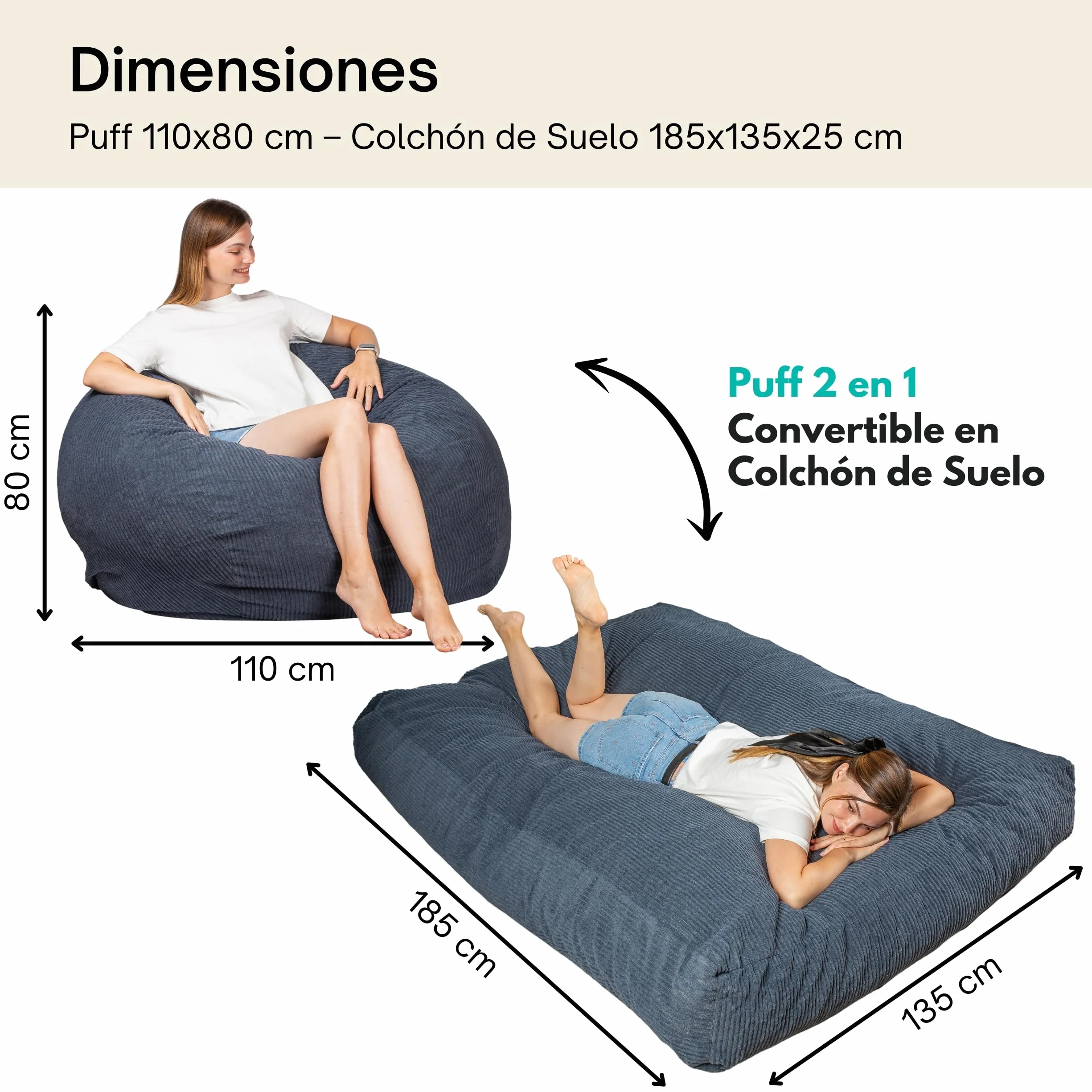 bananair - Puff Cama Gigante con Relleno de Espuma Incluído - Puff Salon Convertible en Futon/Colchón Plegable Suelo 135x185 cm - Pana Ancho, Tejido Suave y Elegante (Azul Noche)