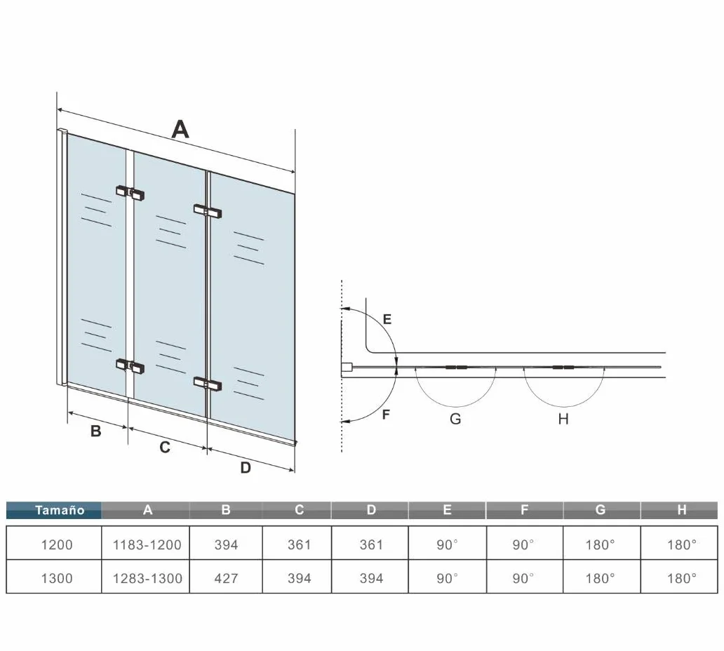 Mamparas de Bañera Biombo Plegable Cristal 6mm 3 veces plegable Antical 120x140cm