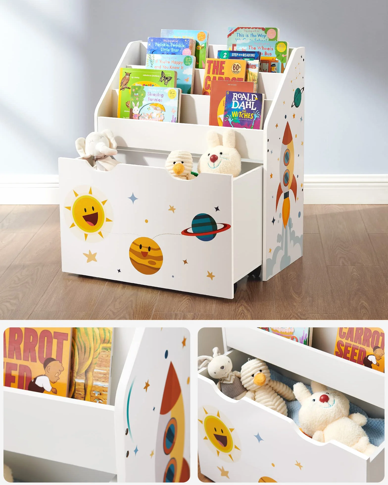 SONGMICS Estantería de Juguetes con 3 Compartimentos, Librería Infantil, Caja Móvil con Ruedas, Blanco GKR41WT