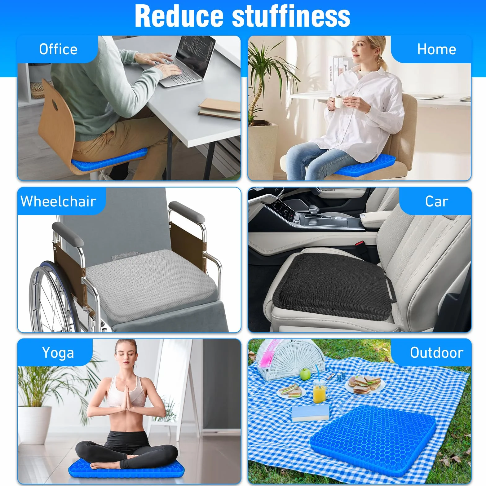 Cojín de Gel Antiescaras para Silla de Oficina, Funda Extraíble y Antideslizante, Transpirable, Azul Oscuro