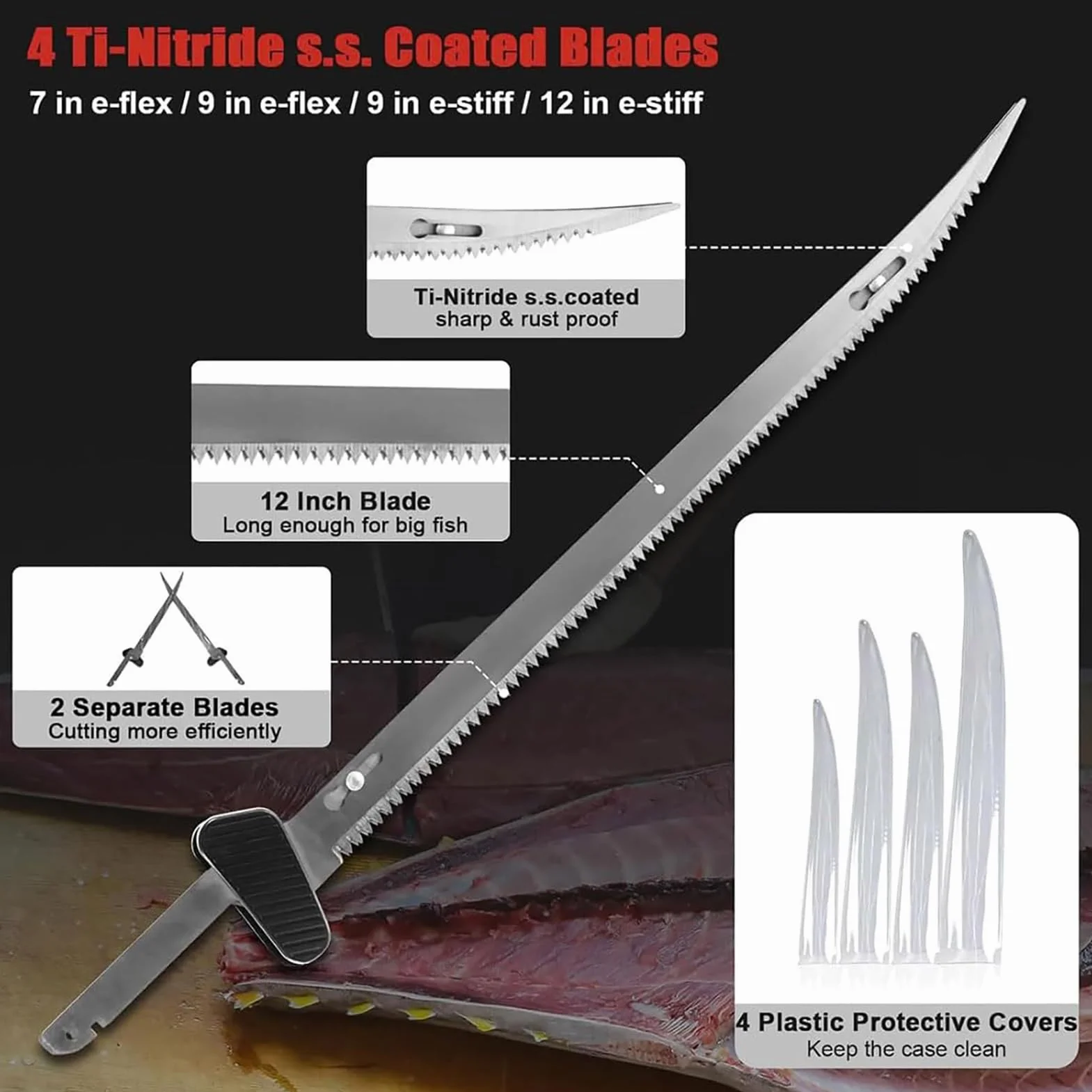 Cuchillo para Filete eléctrico inalámbrico, Cuchillo para Filete de Pescado Recargable con 4 Cuchillas antiadherentes recubiertas de nitruro de Titanio S.S. y 2 baterías, Velocidad Variable Continua