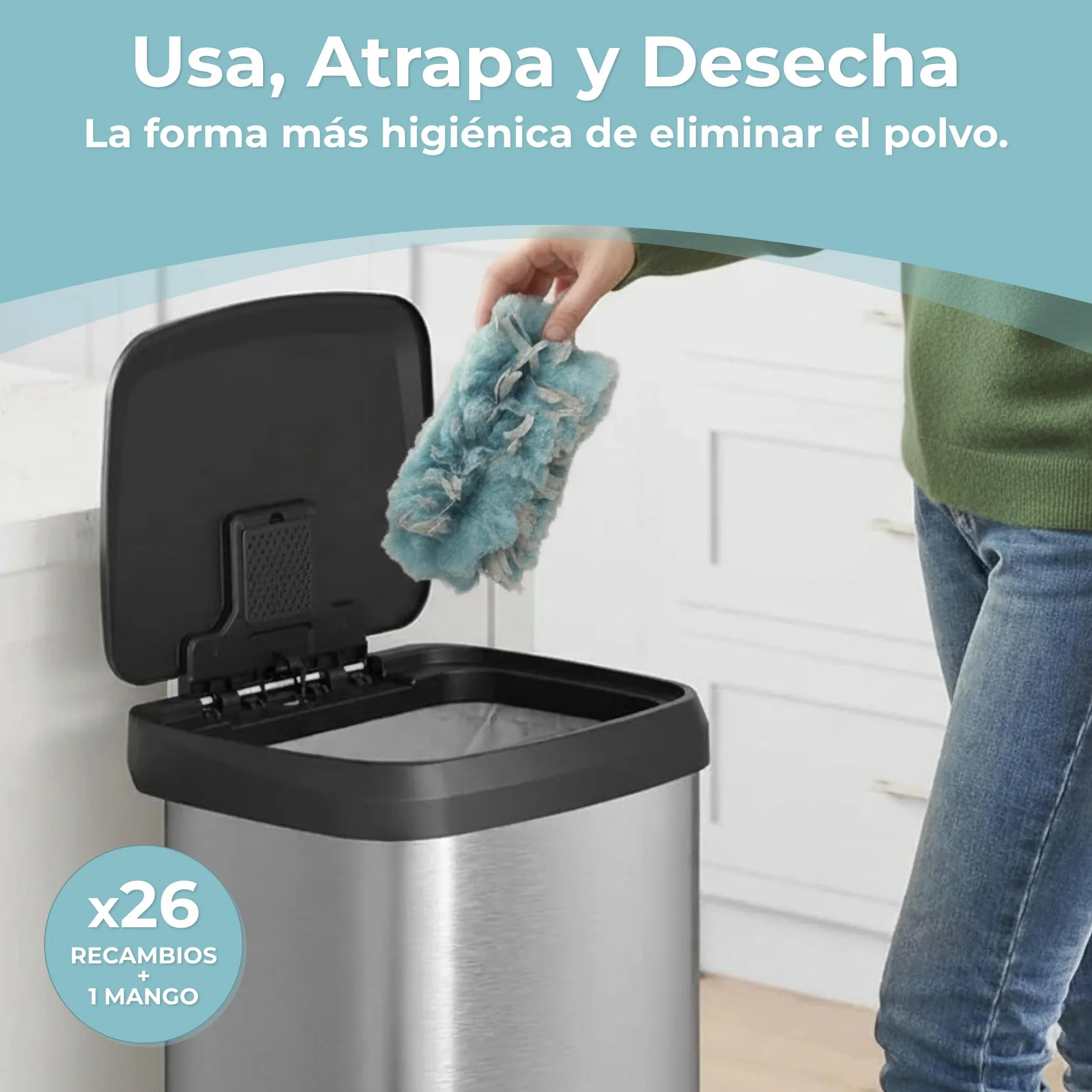 PORTENTUM Plumero Atrapapolvo, Set de 26 Recambios y 1 Mango - Kit de Limpieza Atrapa y Retiene Polvo, Pelo de Mascotas y Alérgenos, Plumero Quitapolvo Multiusos para Muebles, Coche y Electrónica