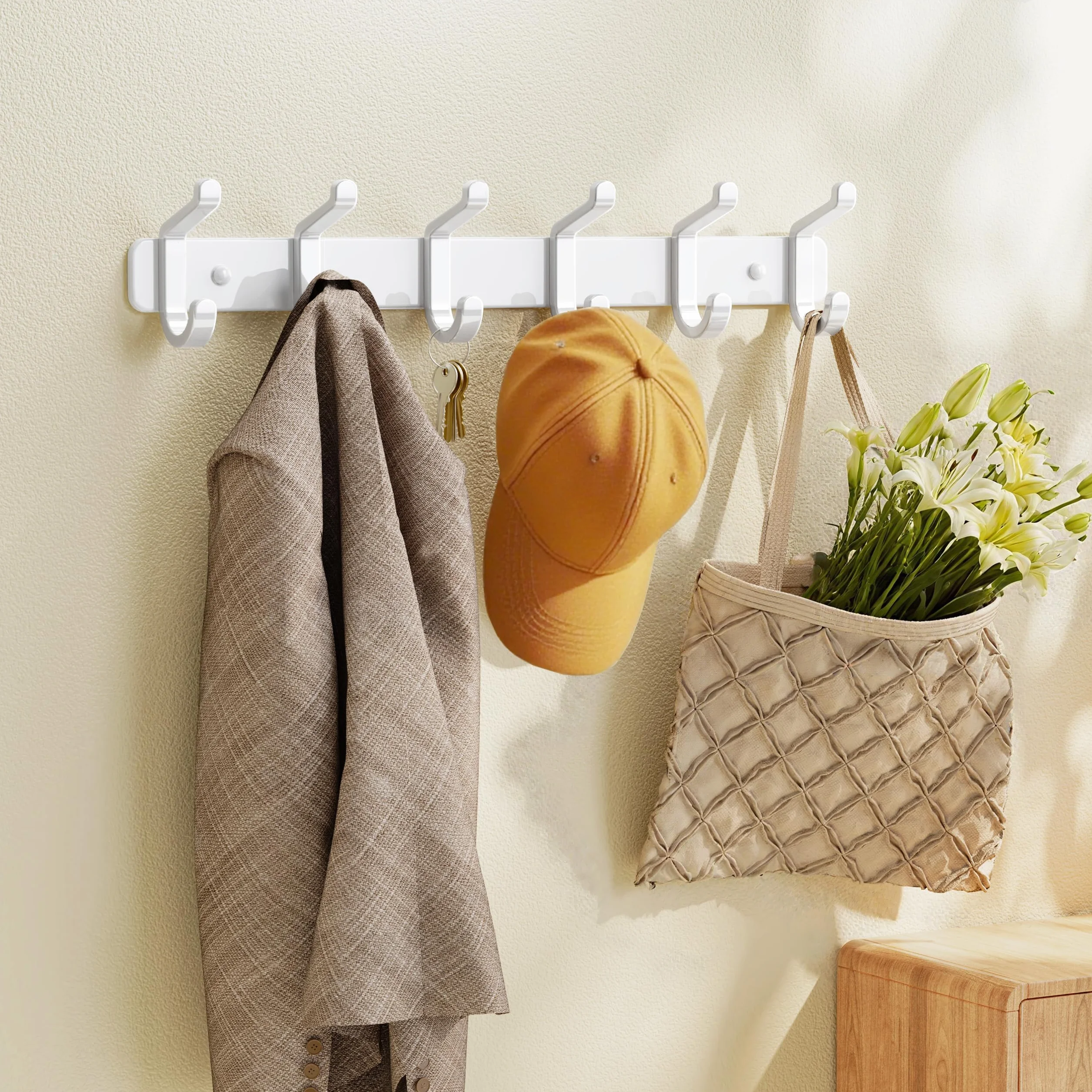 Juego de 2 percheros de pared con 6 ganchos, percheros de metal, perchero de pared para chaquetas, bolsos, sombreros, bufandas, barra para colgar ropa en el dormitorio, armario, baño o cocina (blanco)