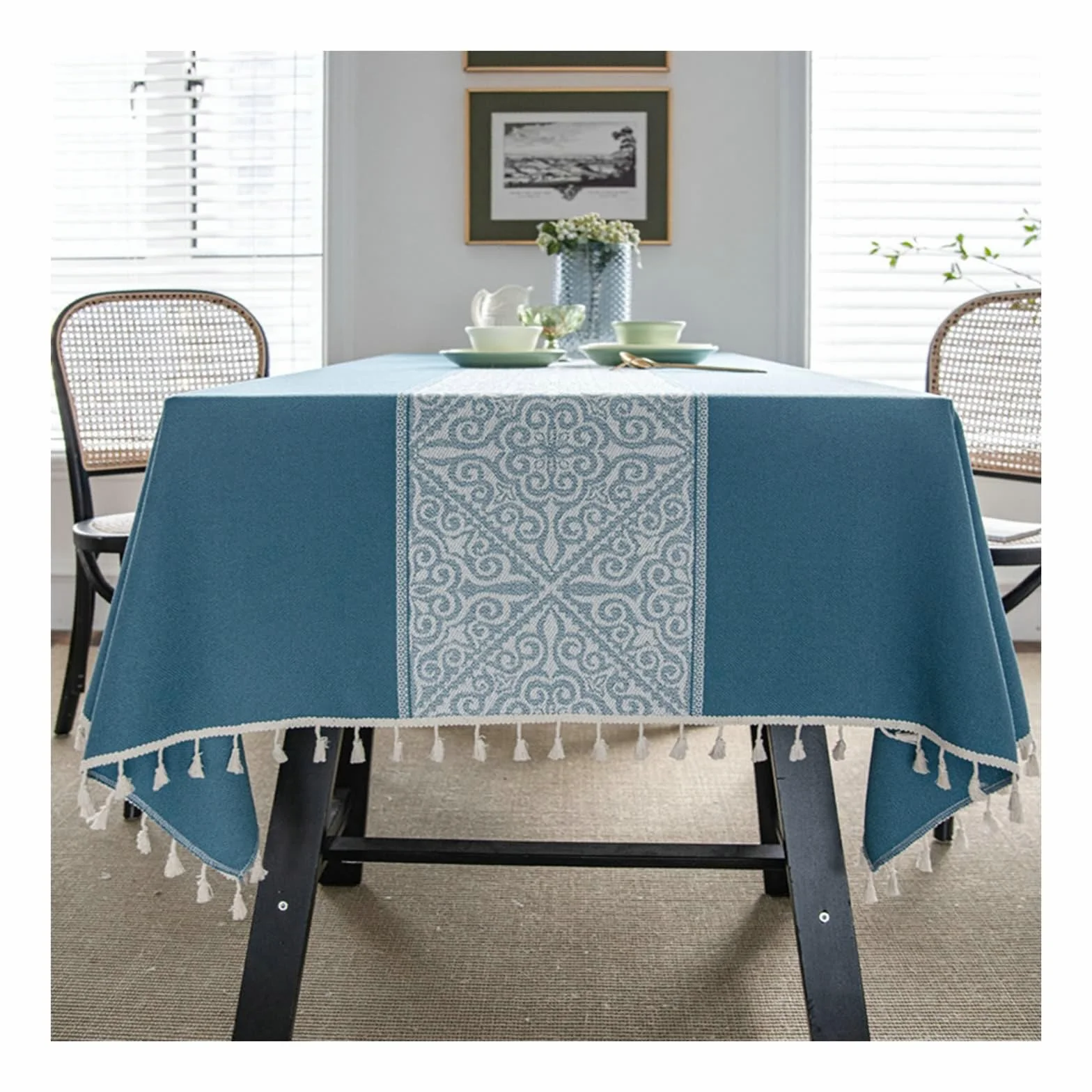 Gualiy Mantel Mesa Cuadrada Tela, Poliéster Mantel Mesa Sala 140x220CM Manteles de Mesa Antimanchas Jacquard de Flores con Borlas Mantel para Mesa Salon, Azul