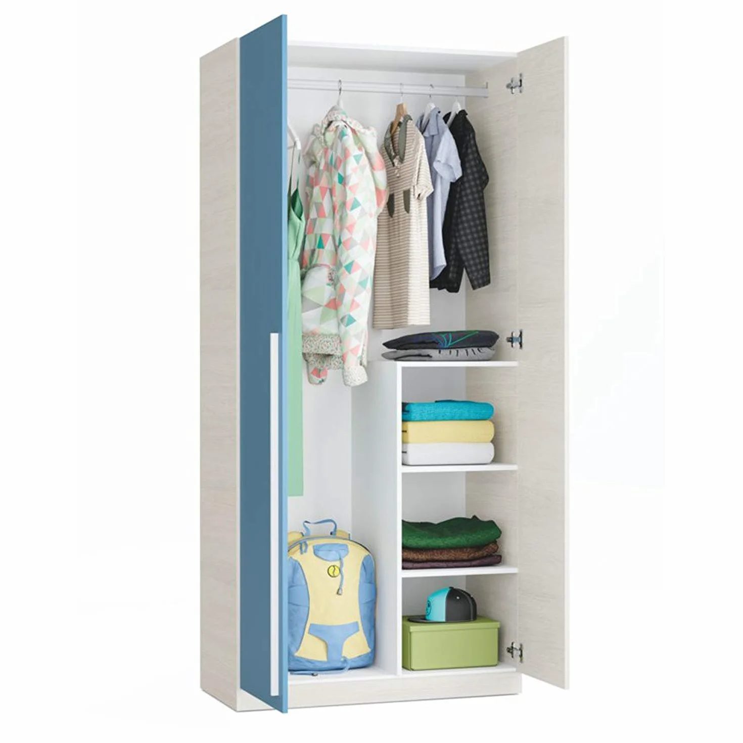 Miroytengo Pack habitación Juvenil con Cama Nido Estante de Pared, Armario y SOMIERES INCLUIDOS Color Blanco y Azul