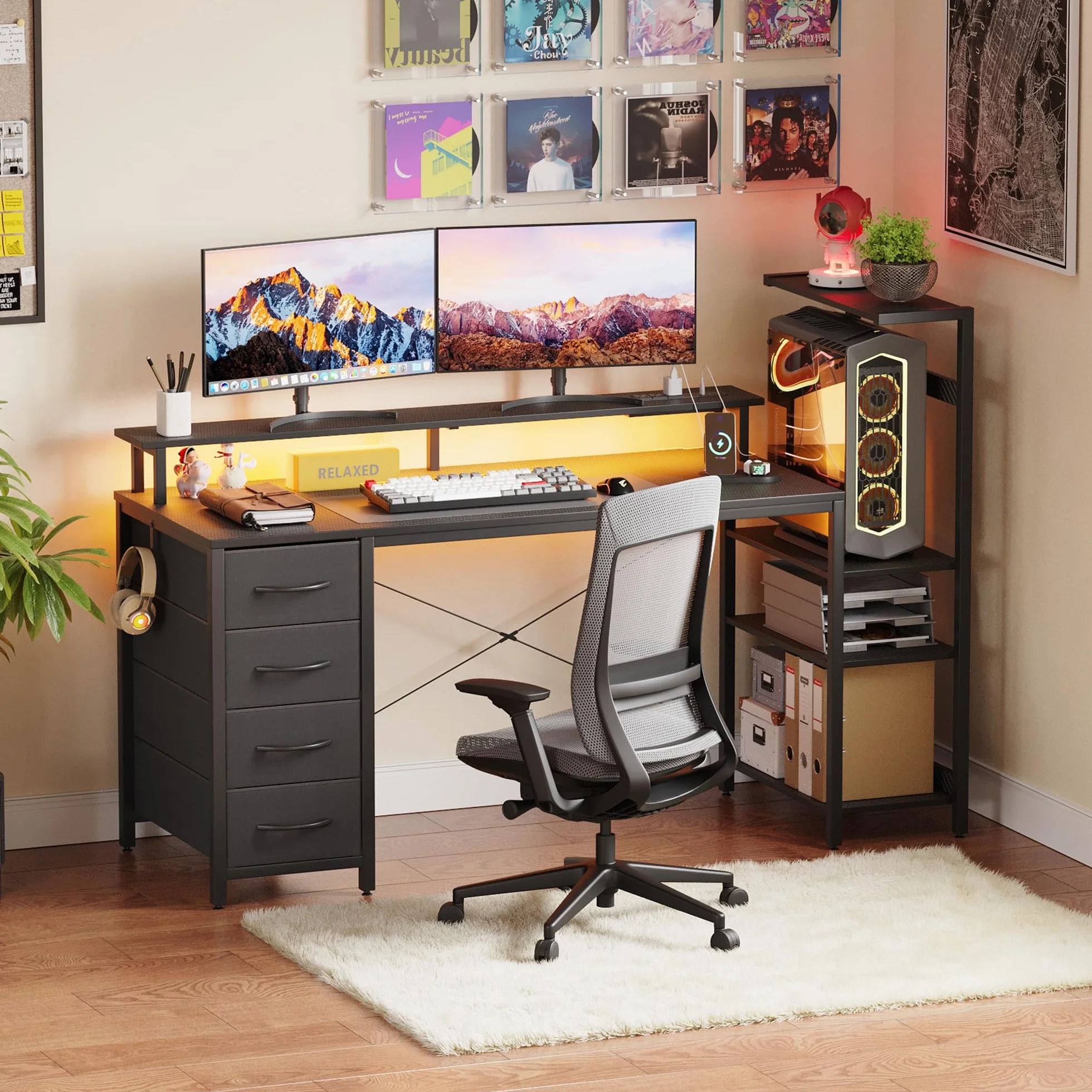 YOUDENOVA Escritorio para juegos con 4 cajones de tela, 150 x 48 cm, doble cara, con LED y enchufe, escritorio de oficina con soporte de monitor, conexión USB, mesa para oficina en casa y jugadores