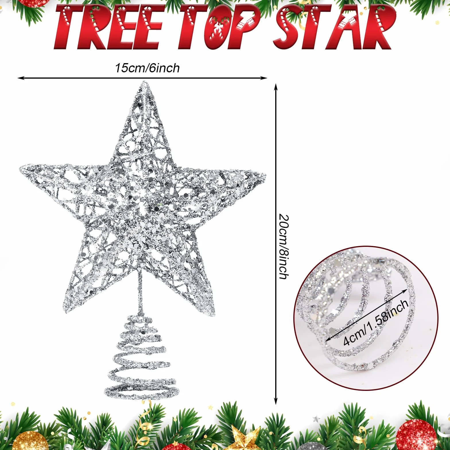Estrella Plateada Metálica con Purpurina 3D para Árbol de Navidad 20x15 cm