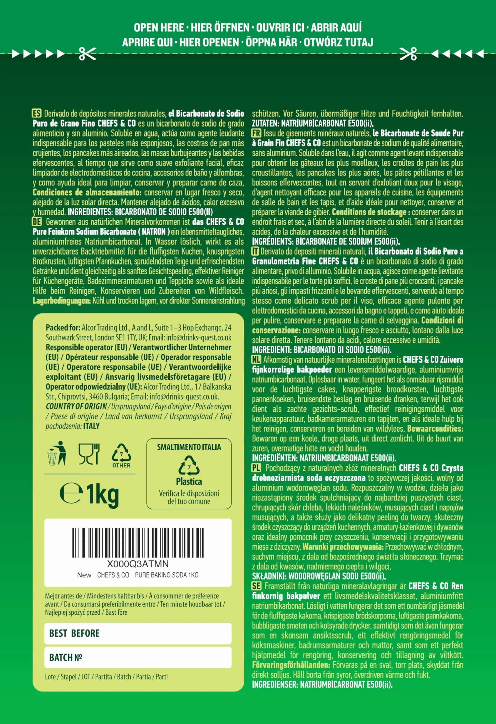 CHEFS & CO Bicarbonato de sodio 1KG Grado Alimentario Sin aluminio Sin gluten