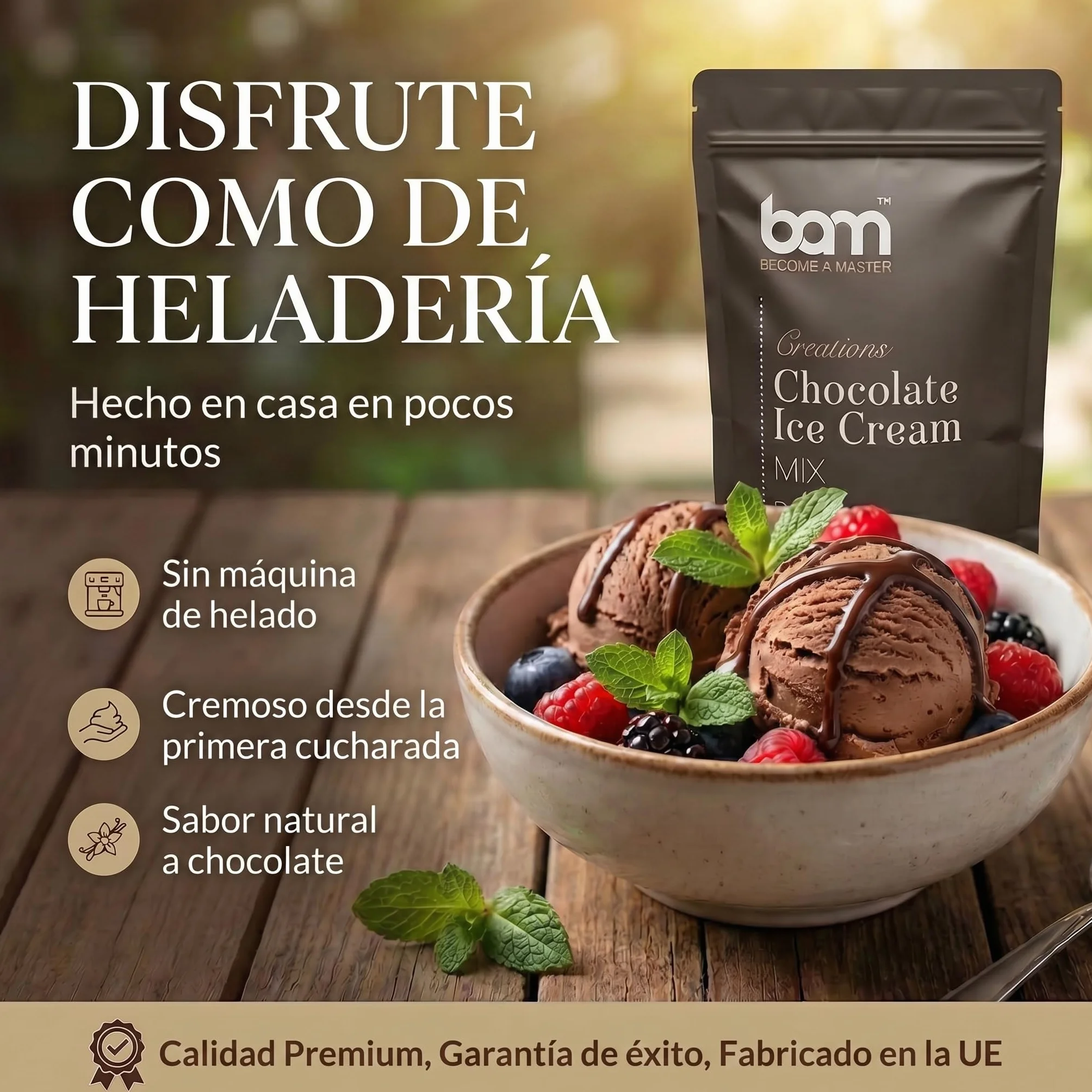 BAM Mezcla para Helado de Chocolate Cremoso 200 g Preparado Casero sin Máquina