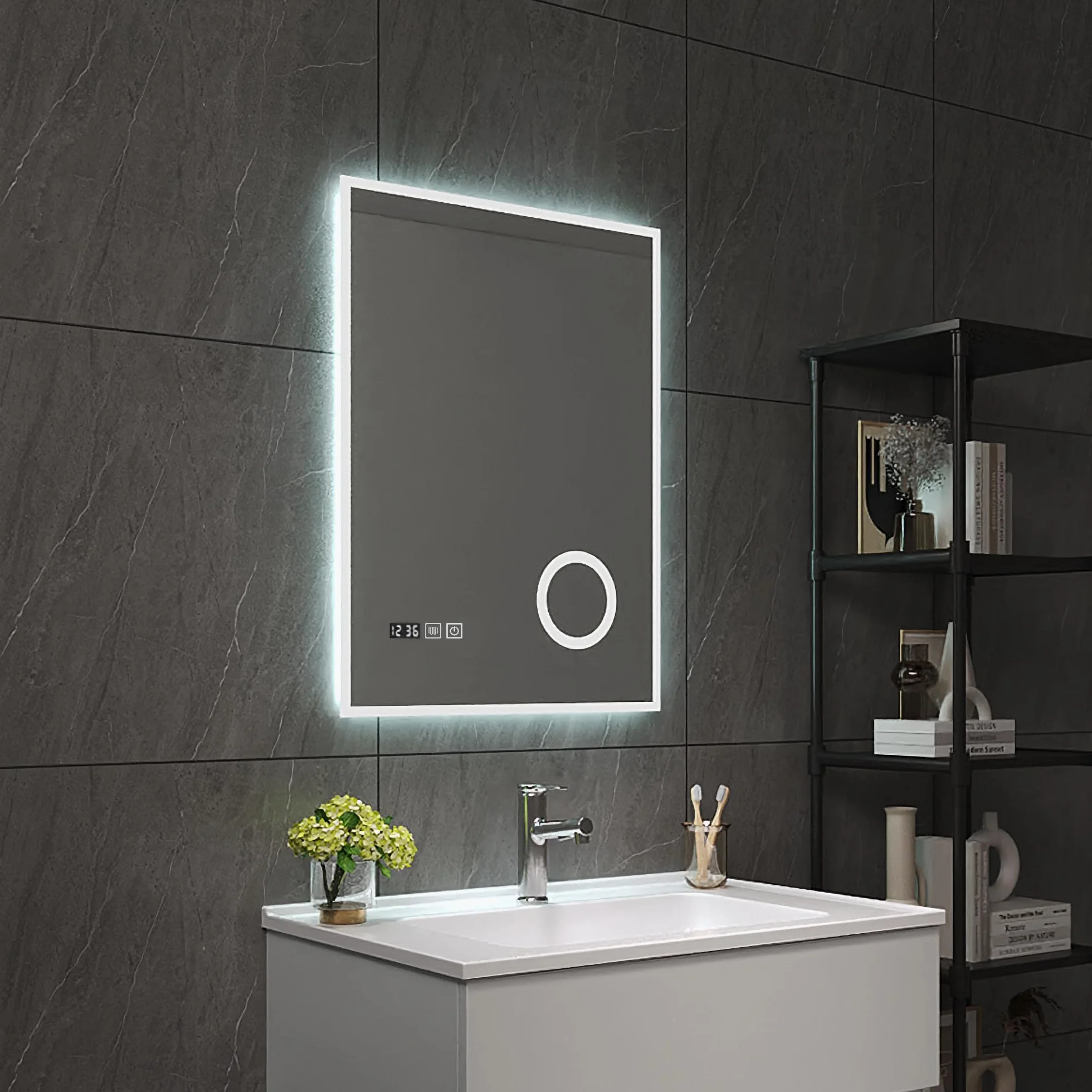pro.tec Espejo de Pared con LED IP65 para Baño con Antivaho Lupa Reloj Instalación Vertical 3 Opciones de Temperatura de Luz Blanca Interruptor Táctil Aluminio 80 x 60 cm - Blanco