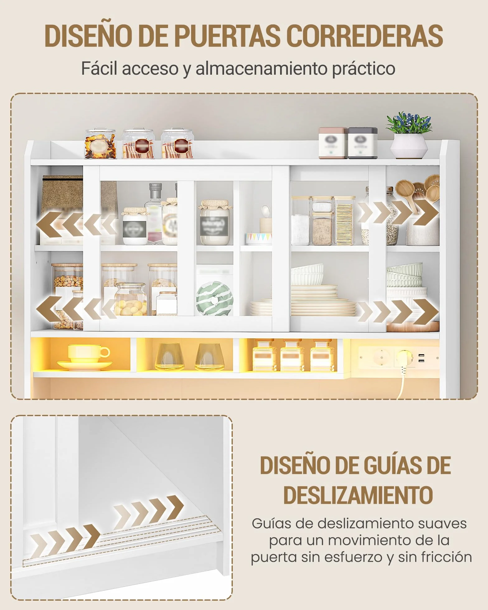 Hzuaneri Alacena de Cocina, Aparador Comedor con Iluminación Led y Regleta Eléctrica, Encimera, 3 Cajones, Estantes Ajustables, para Cocina o Comedor, 40 x 100 x 185 cm, Blanco 0110203XEU