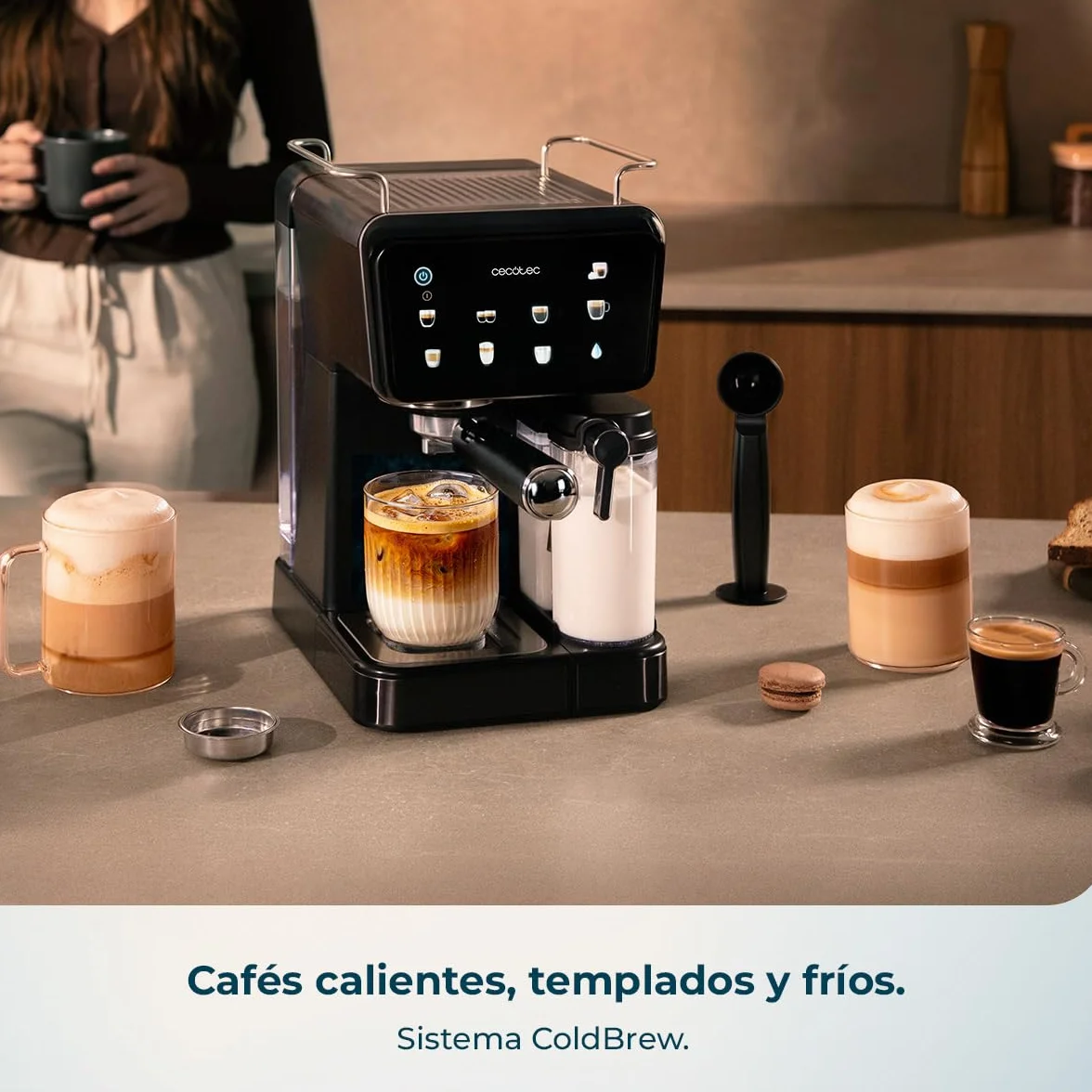 Cecotec Cafetera Express Semiautomática Power Espresso 1350W 20 Bares Pantalla Táctil 1.5L Depósito Agua 500ml Leche