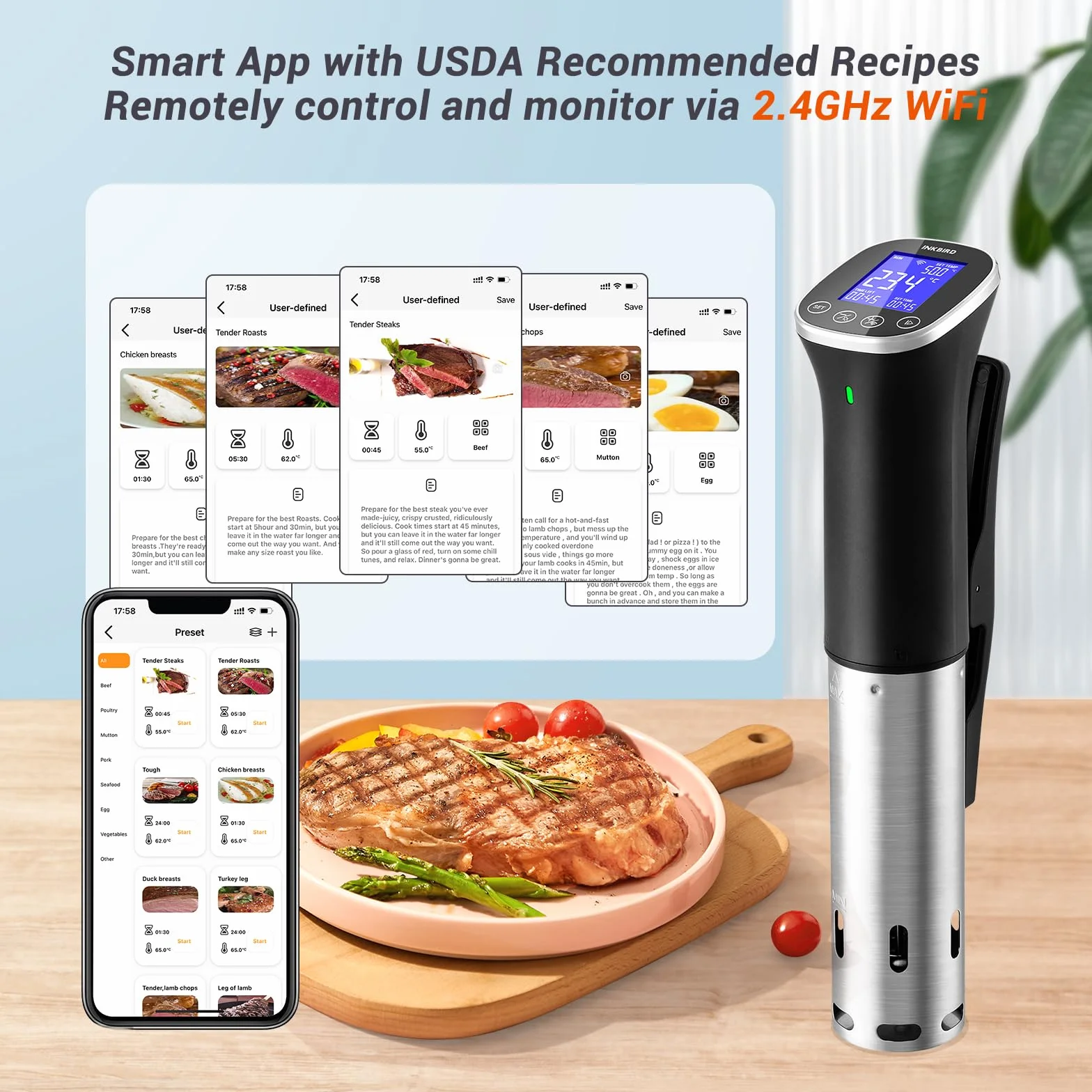 Sous Vide, Sous Vide Stick ISV-300W WLAN Dispositivo de cocina profesional, hilo de baja temperatura 0-90℃ | Recetas de aplicaciones, IPX7 impermeable, ±0.1 °C temperatura precisa y constante