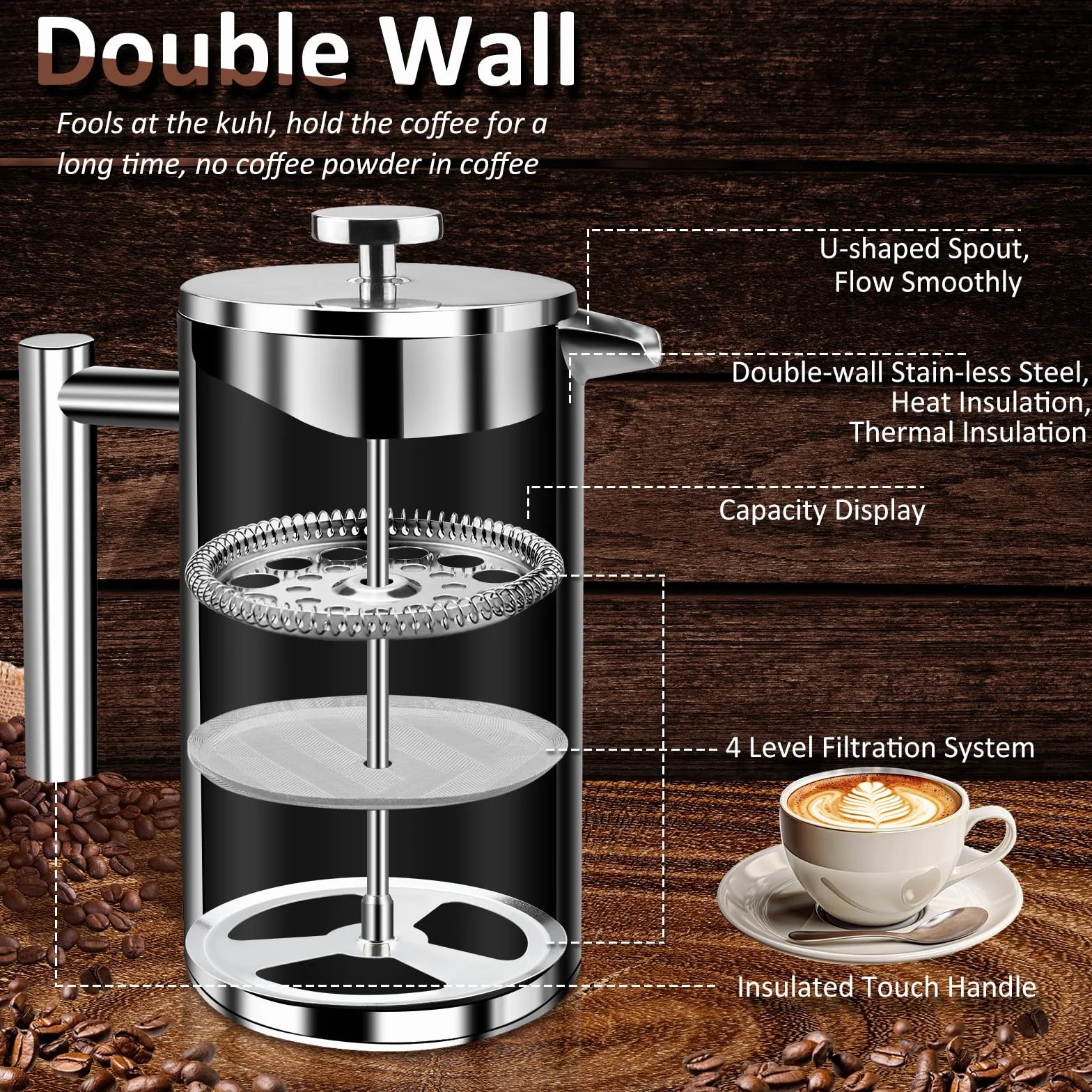 Cafetera de acero inoxidable, 800 ml, prensa francesa, sistema de aislamiento de doble pared con construcción de dos capas, gran capacidad, ideal para regalar a los amantes