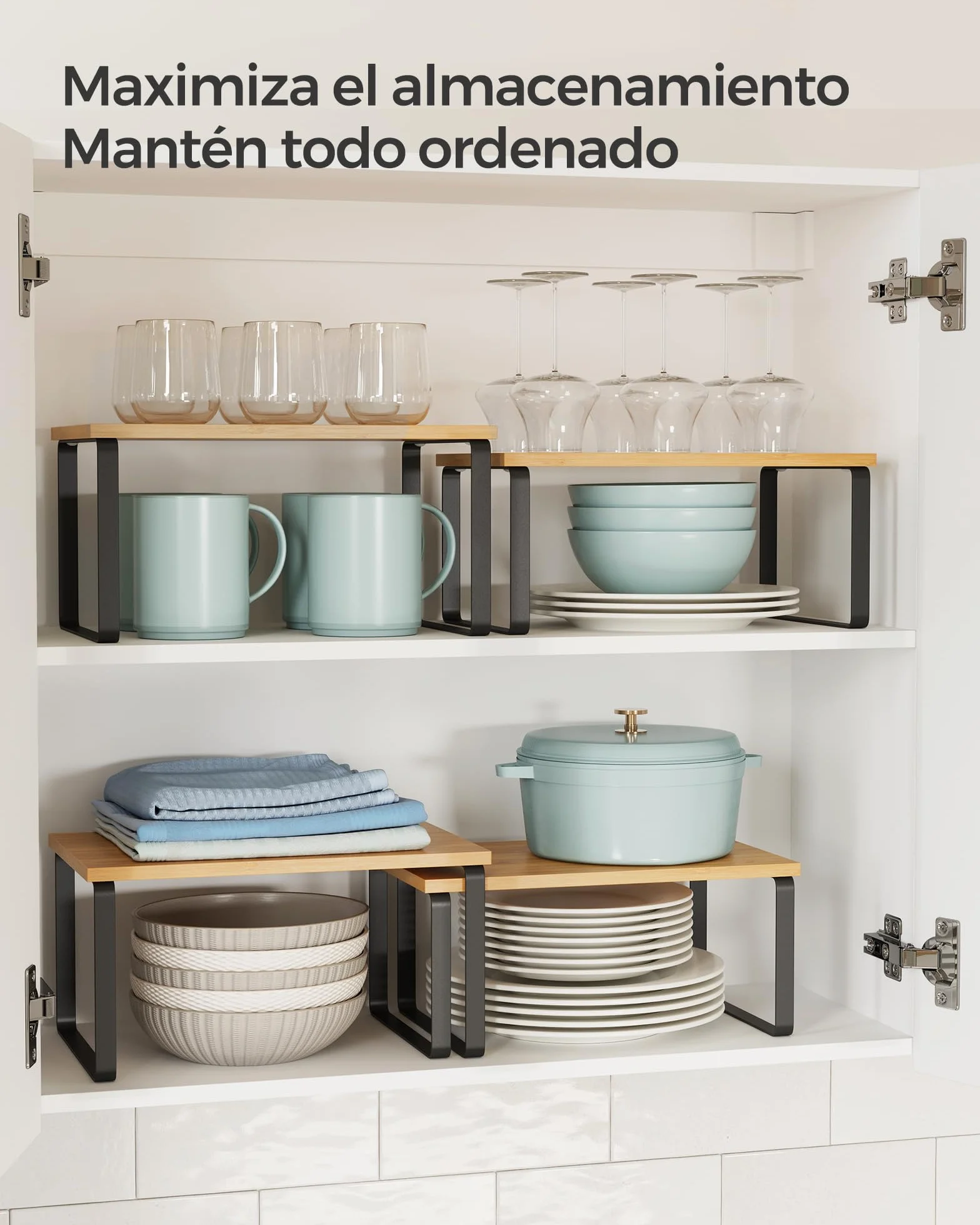 SONGMICS Estante para Especias Extensible de Metal y Madera, Juego de 2, Negro Tinta y Beige Natural KCS02NB