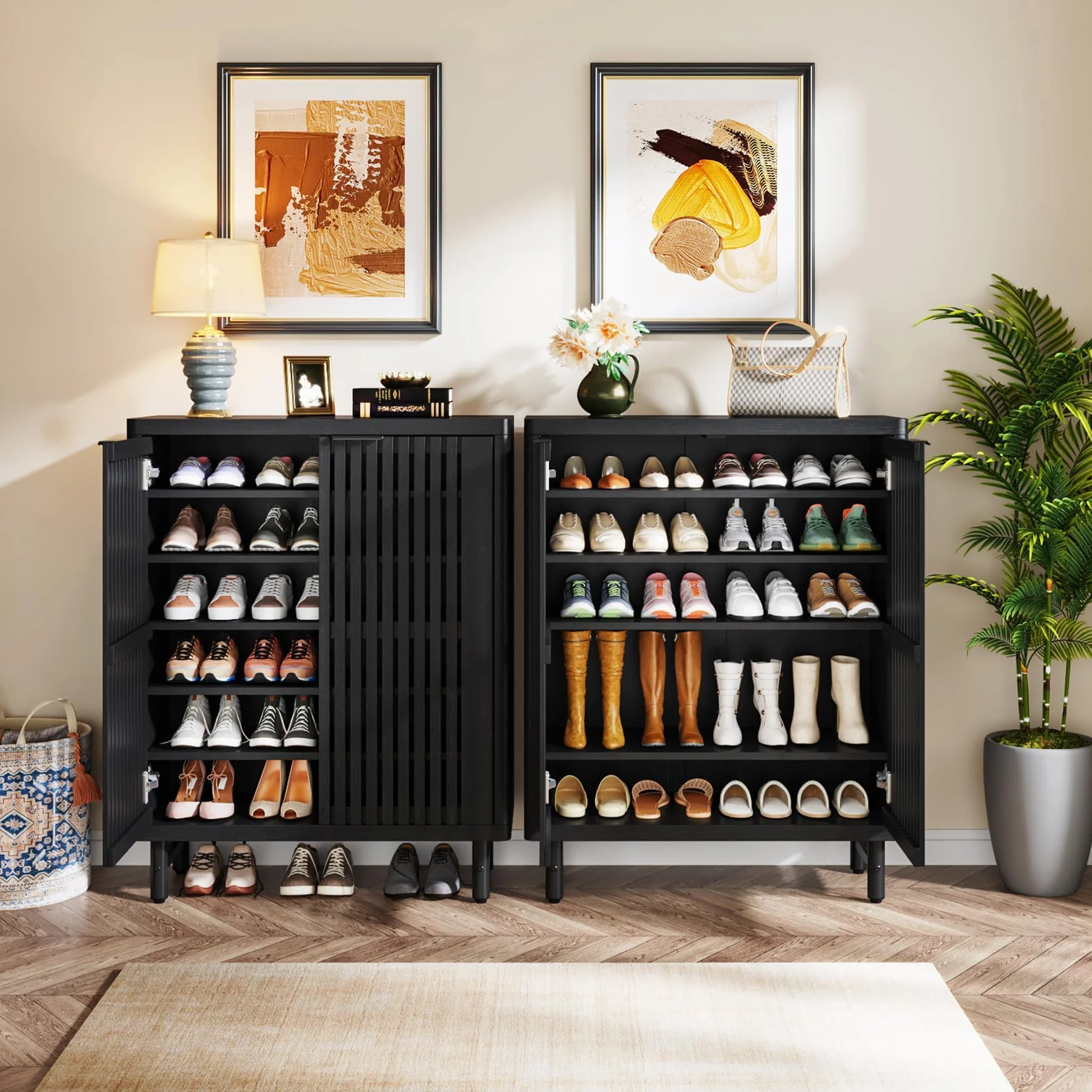 Tribesigns zapatero con puertas de persiana, organizador moderno de 6 niveles con estantes ajustables para entrada, pasillo y sala de estar, color negro