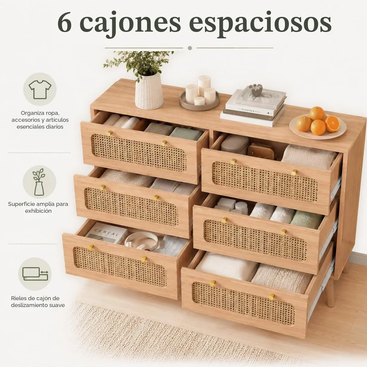 Cómoda de 6 cajones de Madera, Estilo nórdico, cómoda de Almacenamiento con Paneles de ratán, cómoda de Dormitorio Adulto, Color Madera Natural, 100x34x73 cm