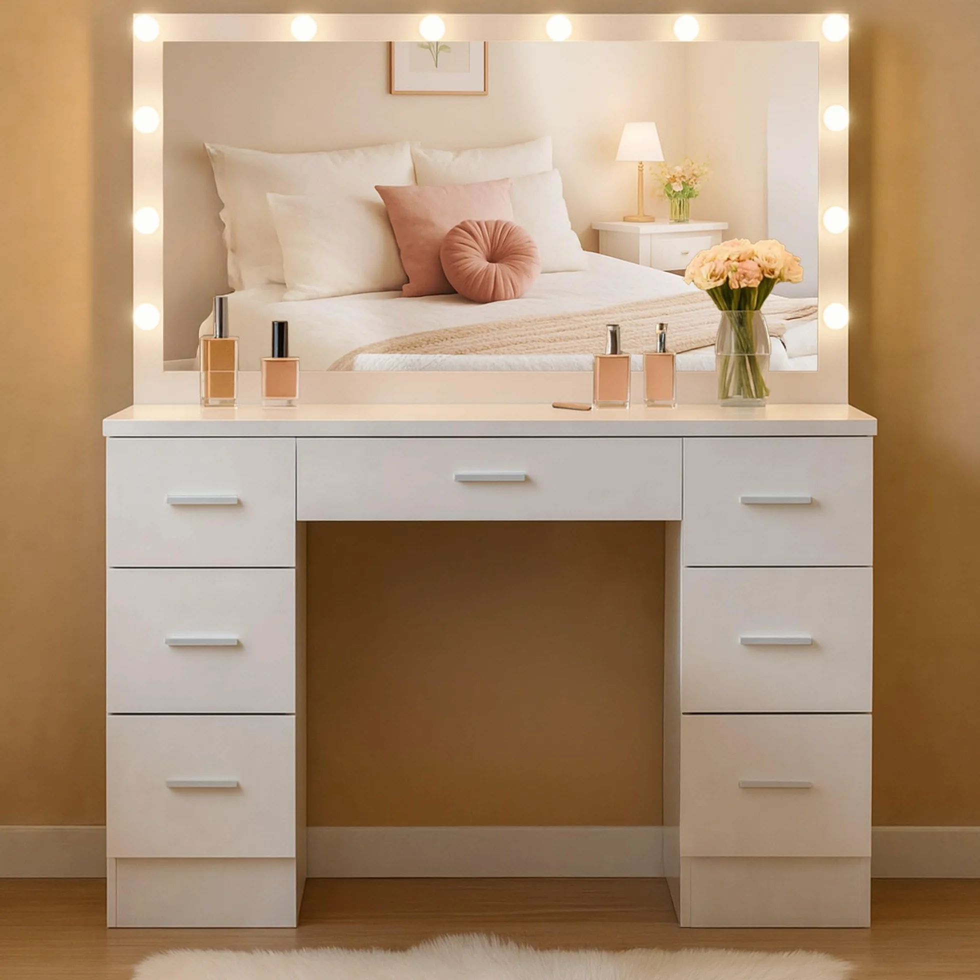 CLP Tocador con luz y Espejo 110x55 cm Ginny, Espejo de Hollywood con luz LED Regulable, 3 Colores de luz, con cajones, Color:Blanco
