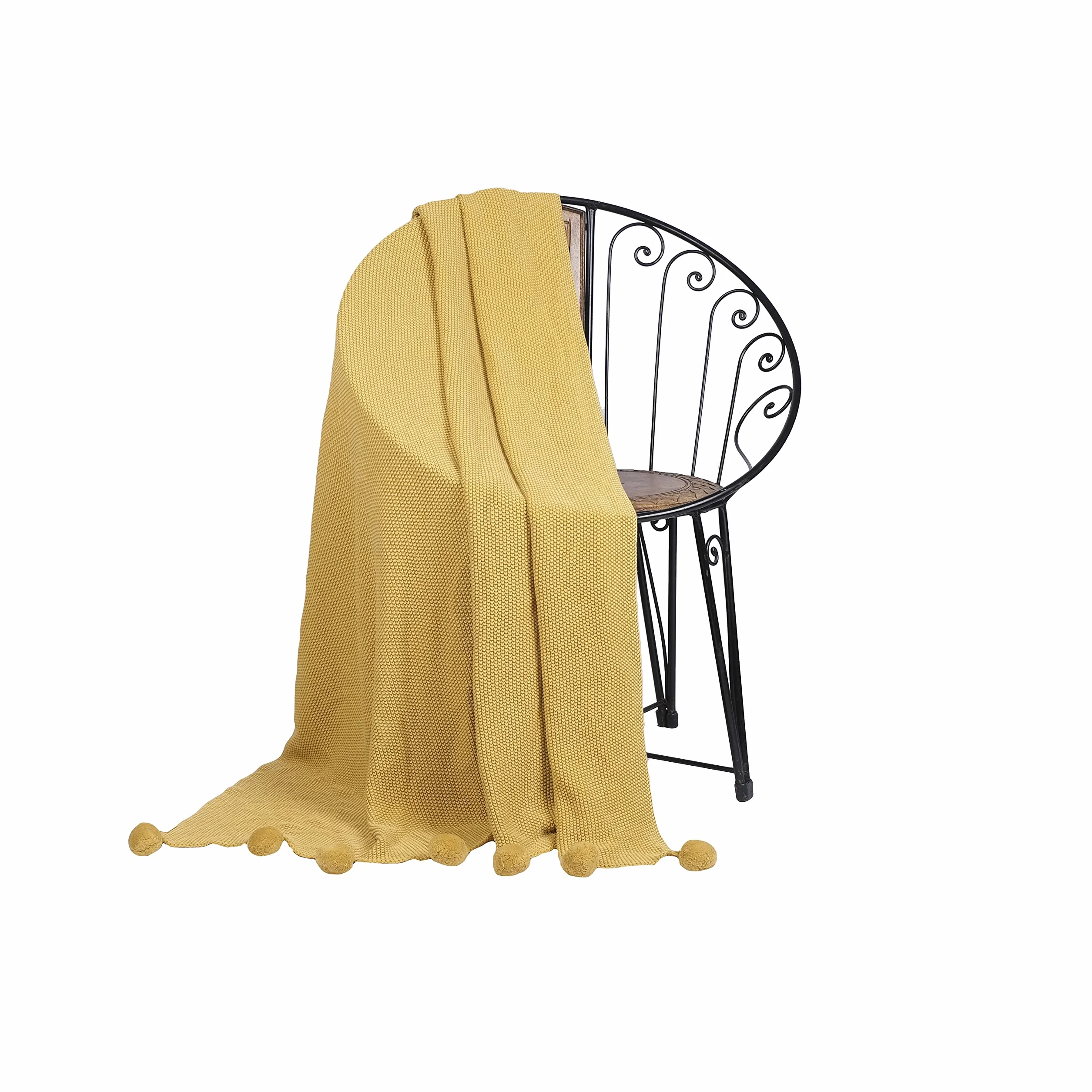 Penguin Home® Manta de Punto con Pompones 100% Algodón - Color Ocre - con Tacto Extra Suave para Sofá Sofá y Cama - Manta Cálida y Acogedora - 130x150 cm (50"x60")