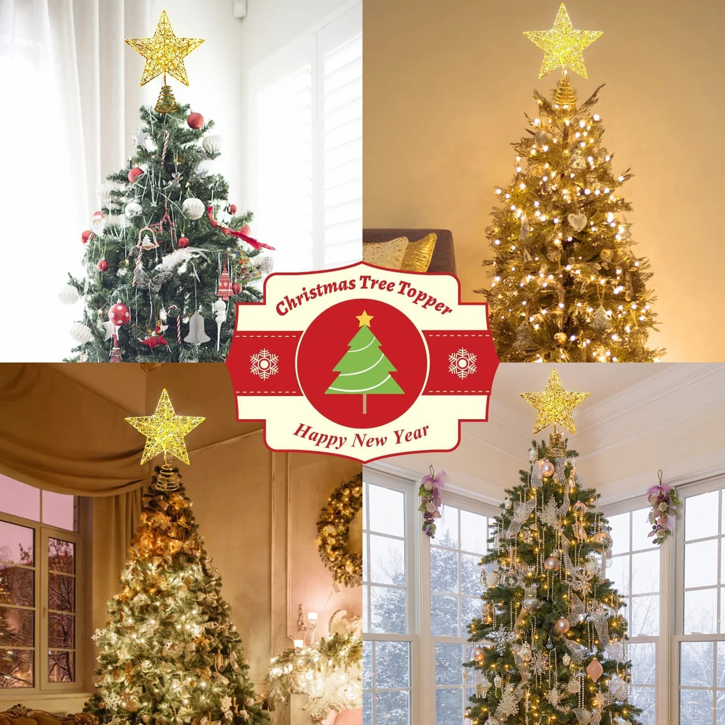 Estrella Arbol Navidad 25 cm con Luz LED 20 Luces Diseño Metal Glittered Decoración Navideña Brillo Dorado