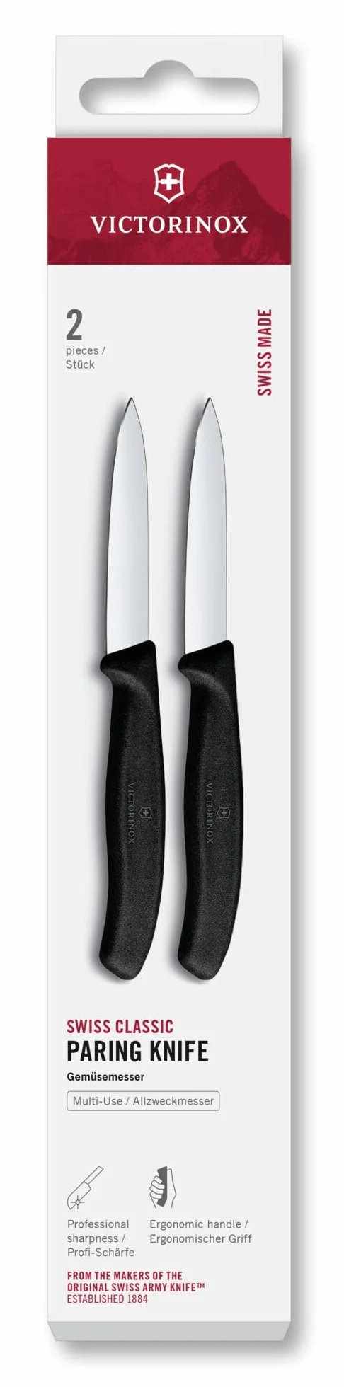 Victorinox Swiss Classic, Juego de cuchillos peladores y peladoras, 2 piezas, Hoja extra afilada, Filo recto para cortes precisos, 8 cm, Acero inoxidable, Negro