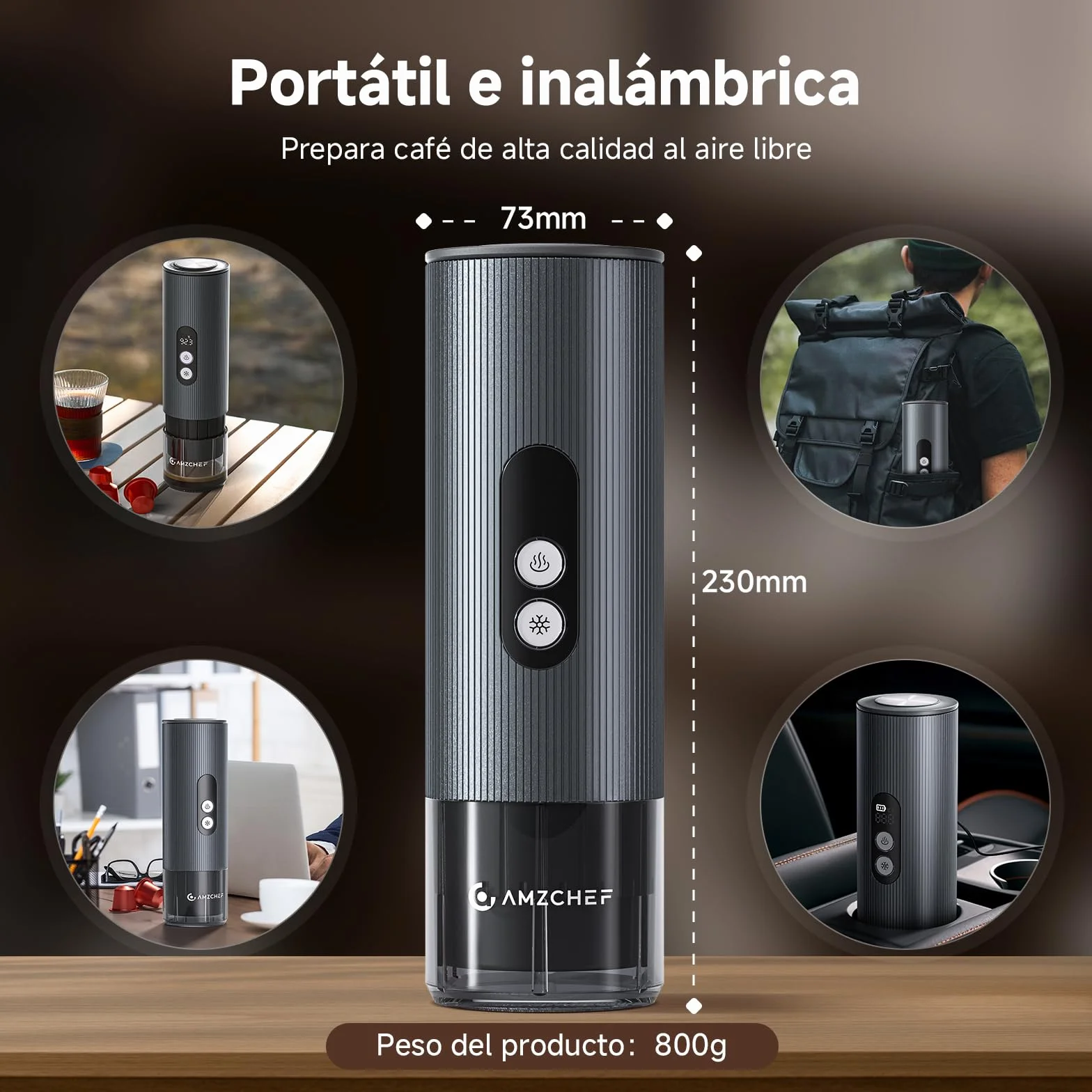 AMZCHEF Cafetera Portatil – 20 Bares, USB-C, Pantalla Digital,Compatible con Cápsulas – Cafetera Portátil Cápsula de Espresso para Viajes, Camping y Oficina,Aluminio
