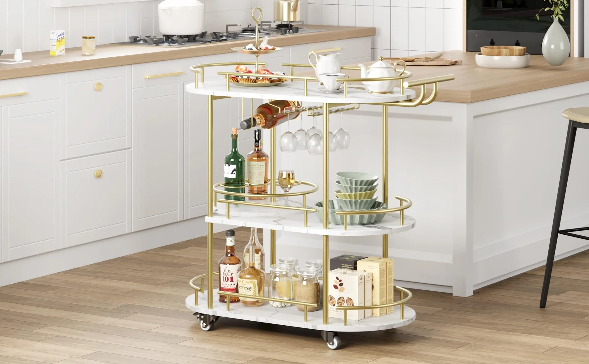 Muebles de Bar,Carros de Vino,Estante de Botellas de 3 Niveles, Ovalado, Base Blanca,Carro de deesert Estructura de Metal Dorado, construcción de gres porcelánico y Metal, Dimensiones 94 × 87 × 40 cm