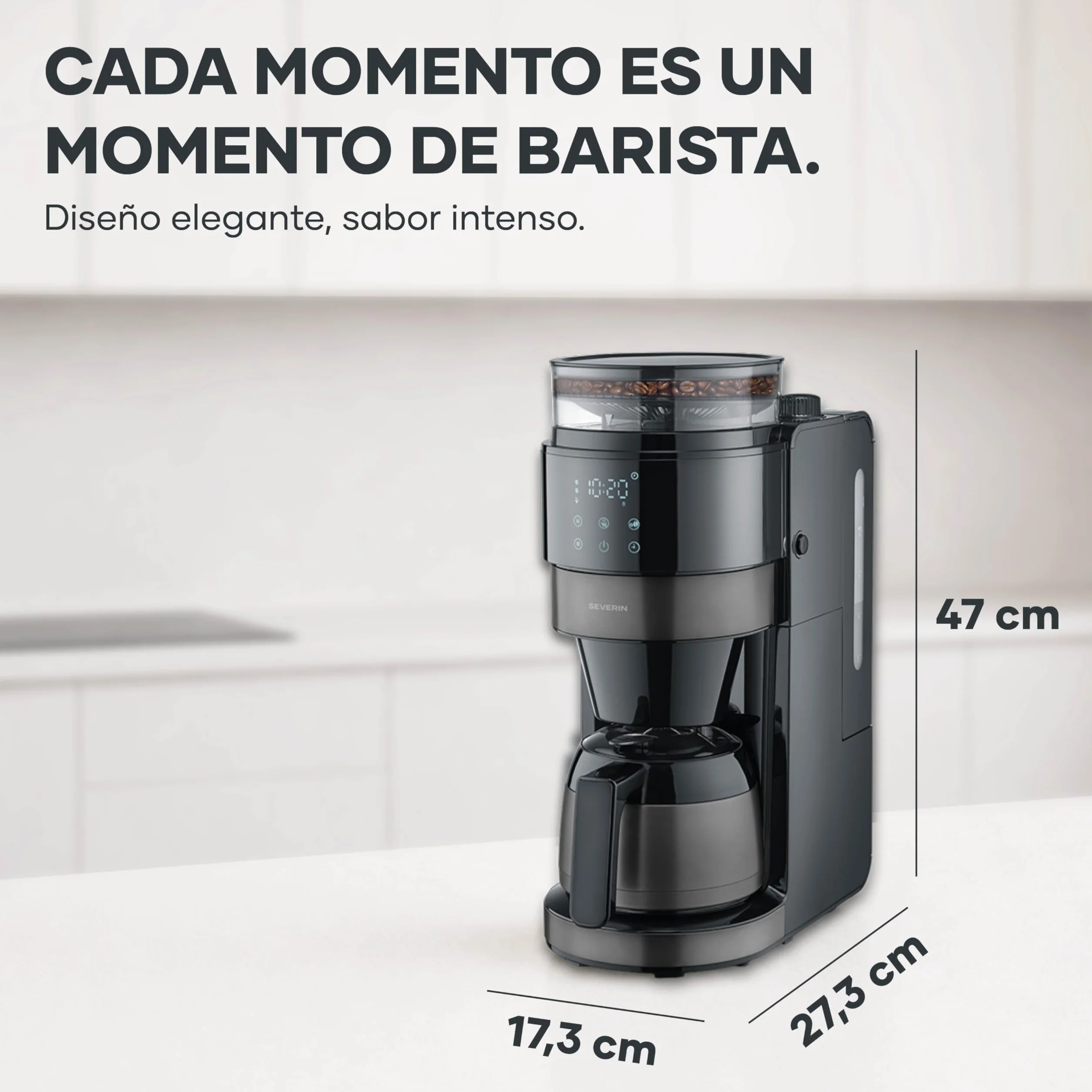 Severin de goteo con jarra térmica y molinillo, 1L de capacidad, hasta 8 tazas, sistema antigoteo, aroma intenso, apagado automática, pantalla LED, 900W, inox oscuro, negro, KA 4831