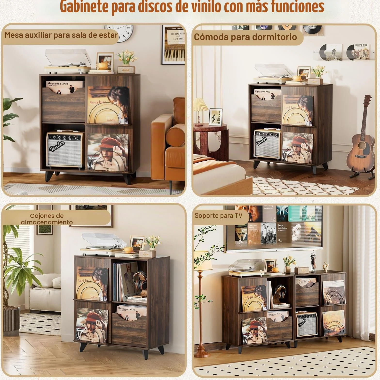 Mueble Tocadiscos con Estante para Vinilos y 2 Cajones – Mesa Auxiliar de Madera, Compatible con Todos los Tocadiscos y Altavoces